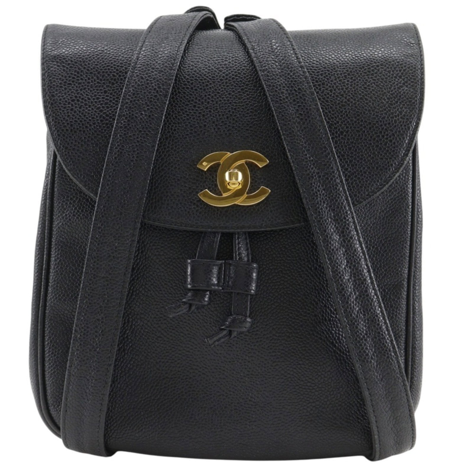 Calfskin Grained Backpack Chanel: Calfskin Grained Backpack Chanel Calfskin Grained Backpack in Black. This Chanel backpack features grained calfskin material and a sleek black design, measuring 24cm x 21cm x 10cm. A stylish