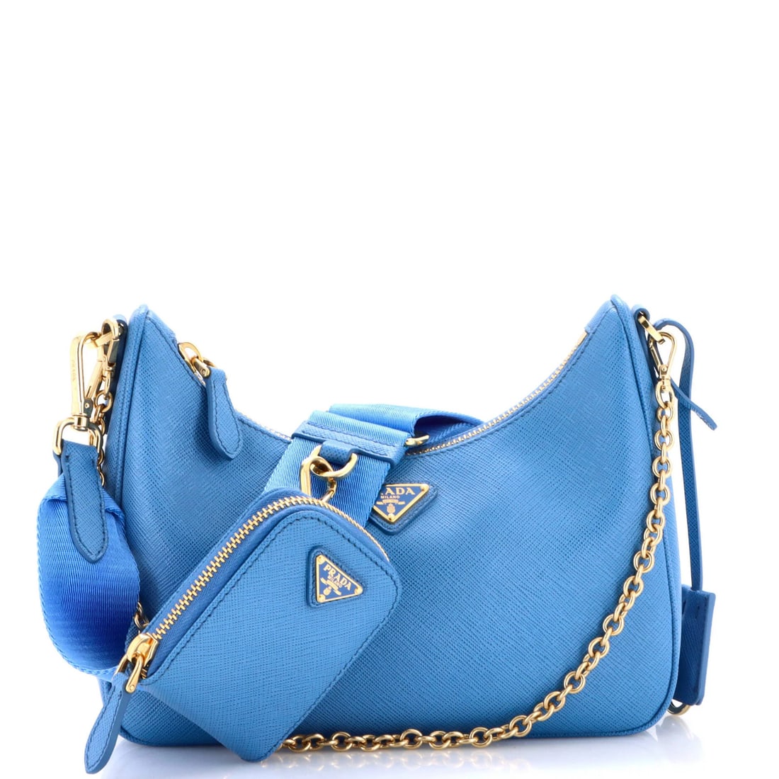Saffiano leather small shoulder bag re-edition 2005 Prada: Saffiano leather small shoulder bag re-edition 2005 Prada Saffiano leather, a signature Prada material, adorns this re-edition 2005 small shoulder bag. The iconic blue exterior and gold hardware add t