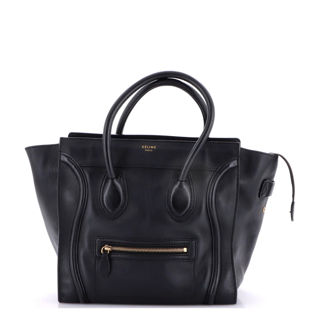 Smooth Leather Celine Mini Bag: Smooth Leather Celine Mini Bag Black leather mini tote with aged gold hardware, featuring a smooth exterior and black interior. Measuring 12" height x 12" width x 6.5" depth, it has a sturdy handle dr