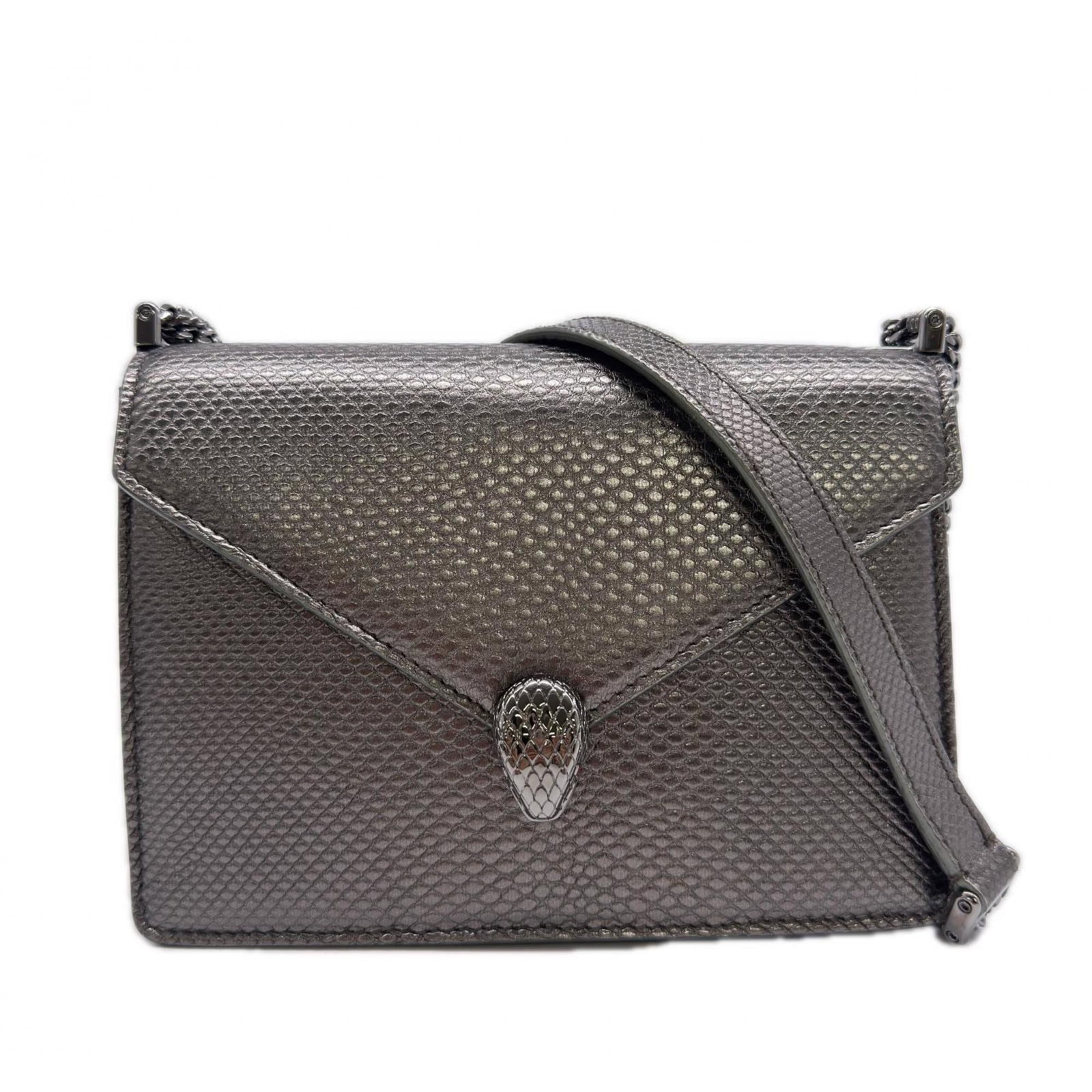 Bag leather shoulder Bvlgari: Bag leather shoulder Bvlgari Silver Bvlgari leather shoulder bag with a zipper closure, featuring an open pocket and adjustable strap length. The bag measures 13cm x 19cm x 5.5cm and comes with RFID p