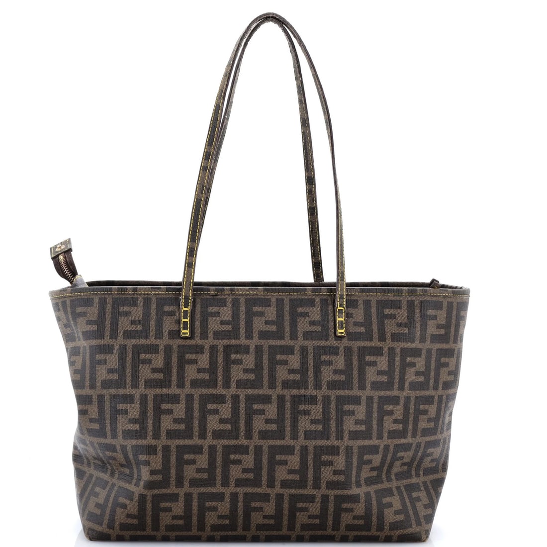Medium Zucca Coated Fendi Canvas Tote Roll: Medium Zucca Coated Fendi Canvas Tote Roll Medium Zucca Coated Fendi Canvas Tote Roll, featuring a unique canvas exterior with brown color and yellow interior. This medium-sized tote roll boasts a