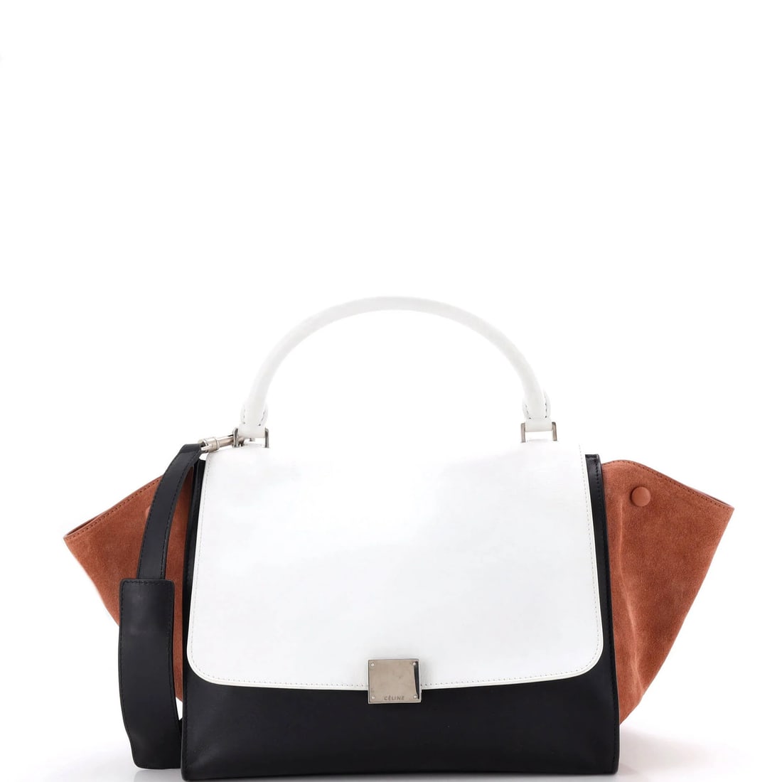 Medium trapeze bag leather Celine: Medium trapeze bag leather Celine Medium trapeze bag in white leather with black, brown, and white accents. This medium-sized Celine satchel features a classic design with a silver-trimmed strap and l