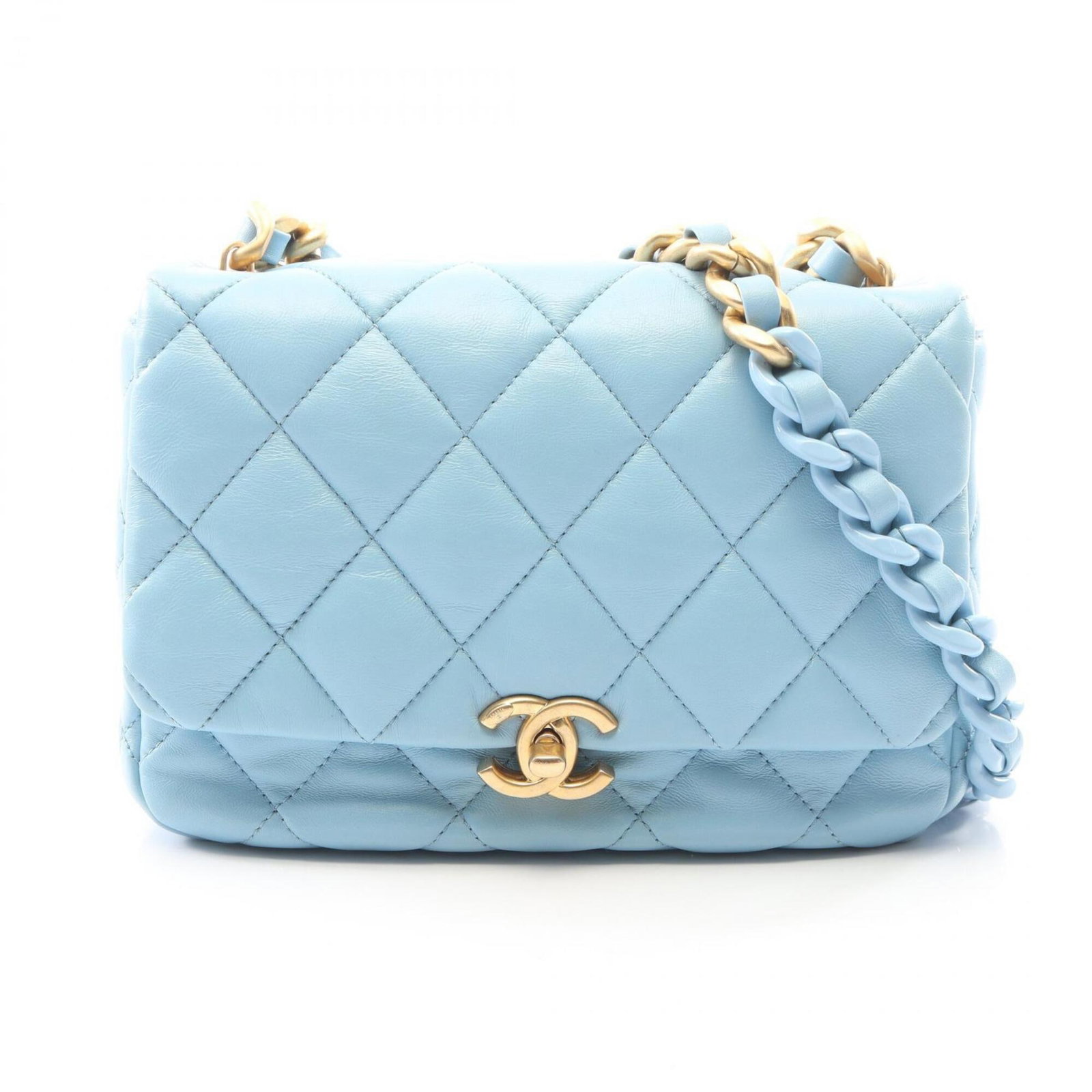 Chanel Handbag Shoulder Bag Leather: Chanel Handbag Shoulder Bag Leather Chanel's iconic shoulder bag features a sleek, blue lambskin design. Made from high-quality leather, this stylish accessory measures 16cm x 21cm x 6cm and boasts a