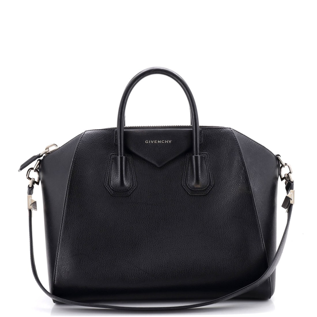 Medium Leather Bag Antigona Givenchy: Medium Leather Bag Antigona Givenchy Medium Leather Bag Antigona Givenchy. This black leather medium bag features a classic satchel style with minor creases and scuffs on the exterior, while its