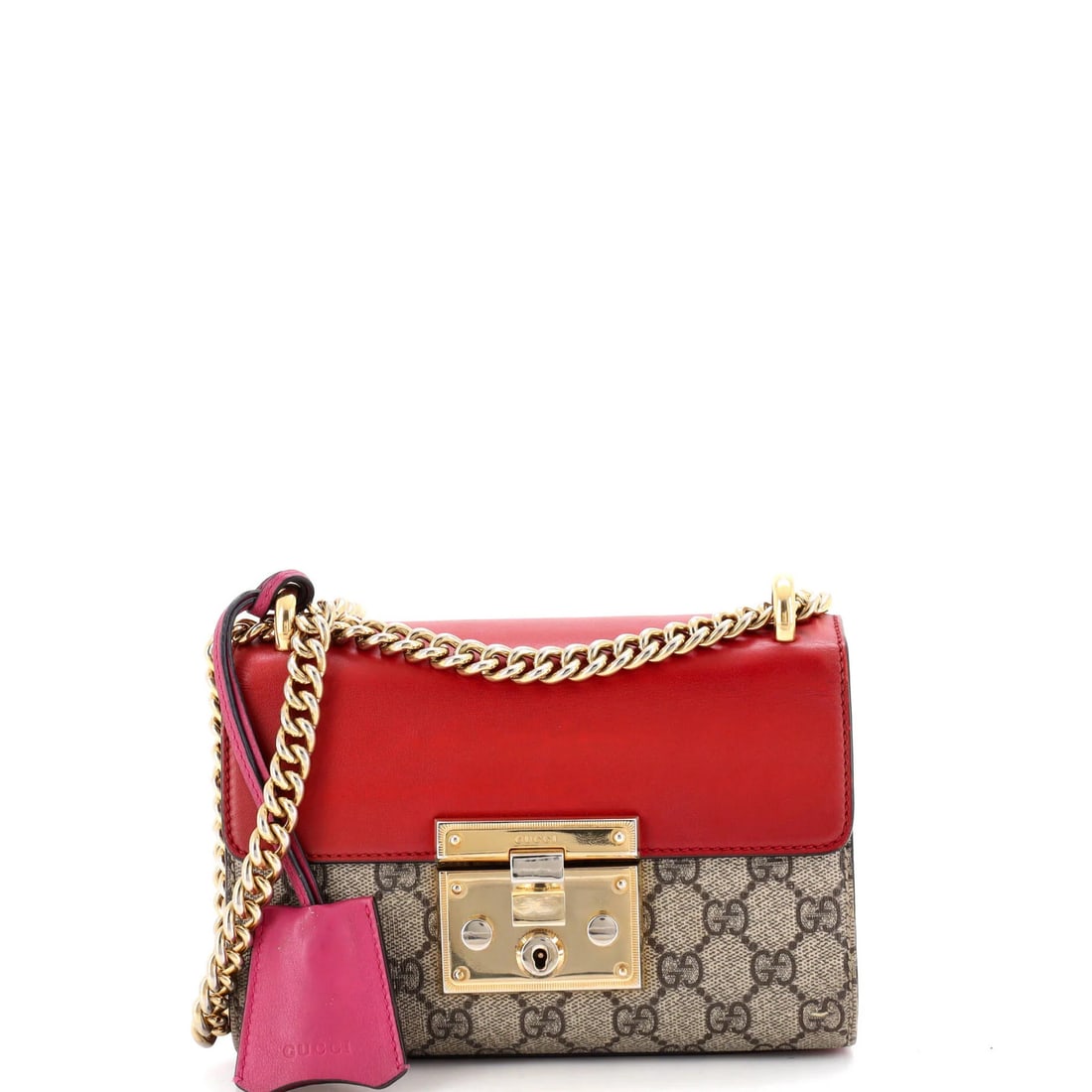 Gucci Padlock Shoulder Bag GG Coated Canvas and Leather Small: Gucci Padlock Shoulder Bag GG Coated Canvas and Leather Small Red Gucci Padlock Shoulder Bag with GG Coated Canvas and Leather, featuring a classic cross body design. The bag's exterior boasts a styli