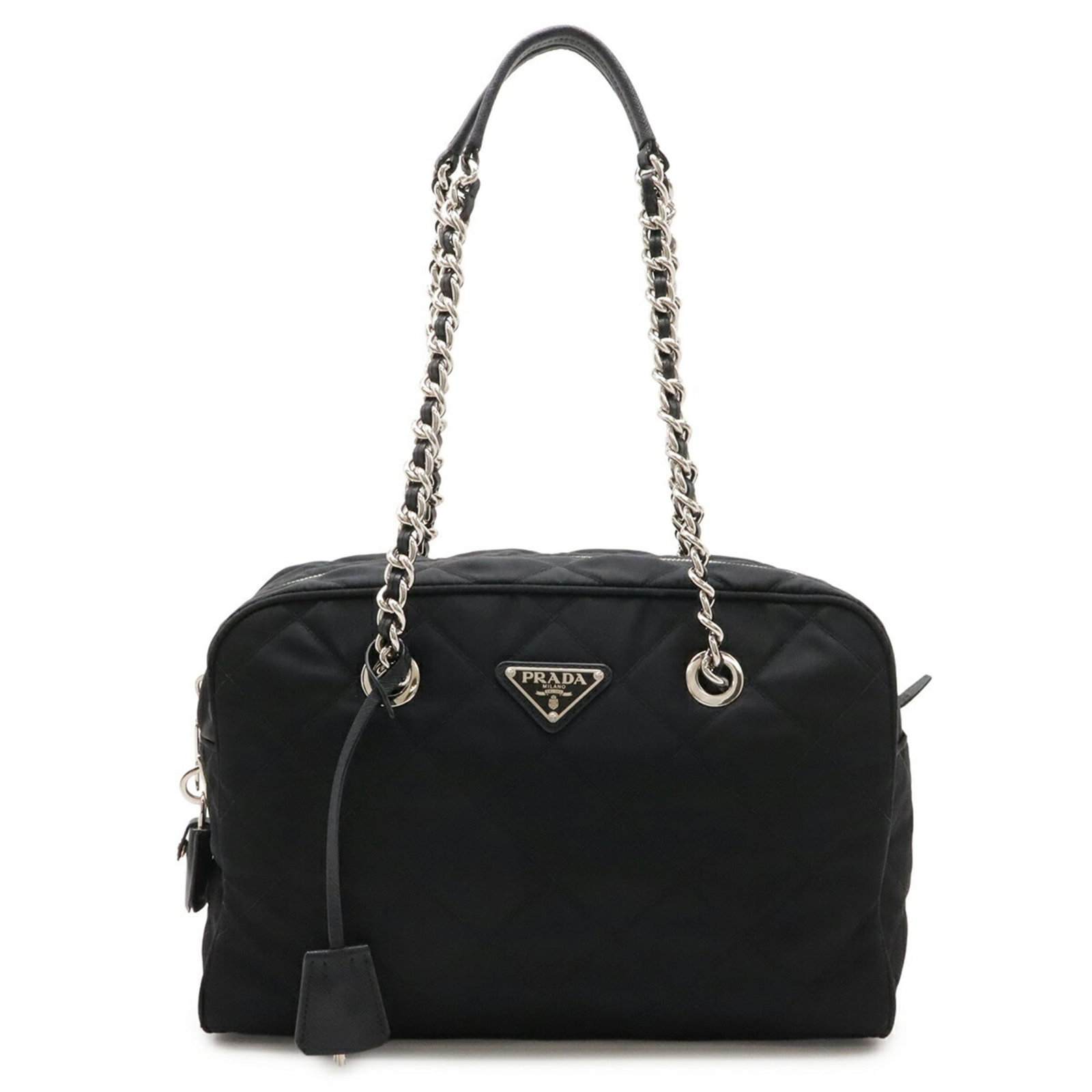 Shoulder Bag Nylon Leather by Prada: Shoulder Bag Nylon Leather by Prada Prada's Shoulder Bag Nylon Leather boasts a sleek black and nero color combination, crafted from durable nylon and supple leather. Measuring 20.5cm x 30cm x 12cm,