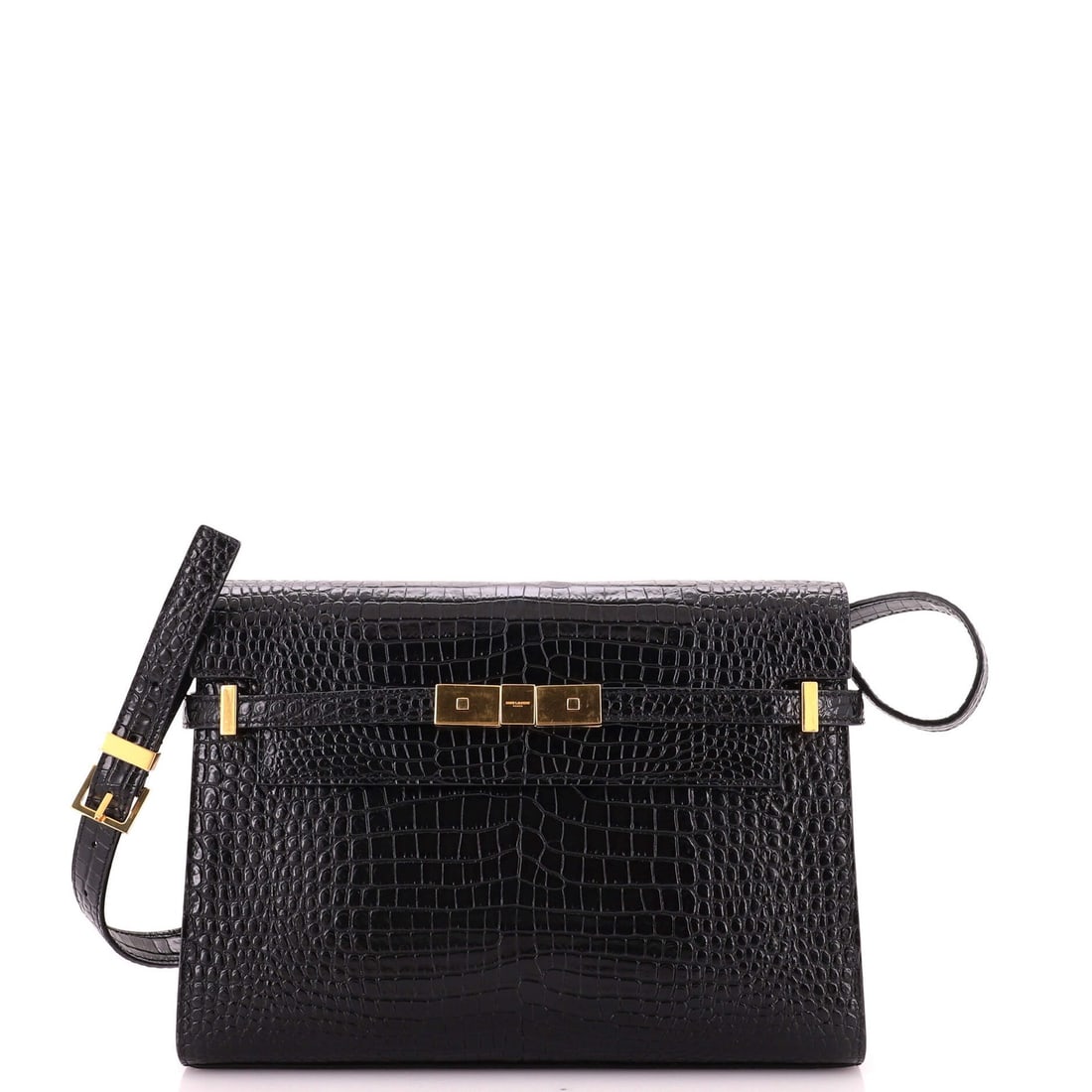 Crocodile Embossed Leather Medium Saint Laurent Manhattan Bag: Crocodile Embossed Leather Medium Saint Laurent Manhattan Bag Black crocodile embossed leather medium Saint Laurent Manhattan shoulder bag with minor scuffs on the exterior, minor creases on the