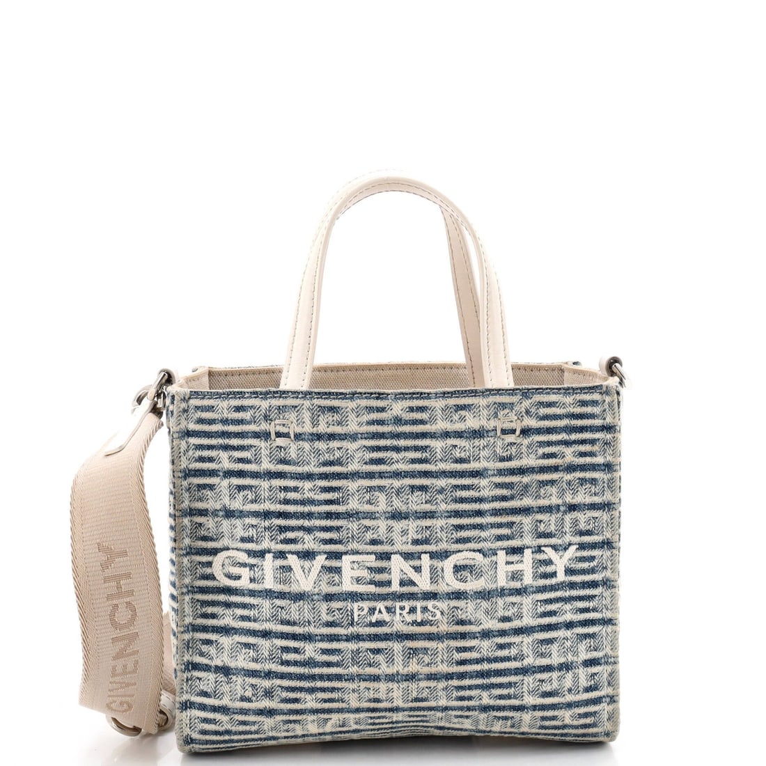 Mini G Tote 4G Denim Givenchy: Mini G Tote 4G Denim Givenchy Mini G Tote 4G Denim Givenchy in blue denim with neutral interior, featuring silver hardware and a sturdy strap drop of 17-27". This mini tote boasts a classic design wit