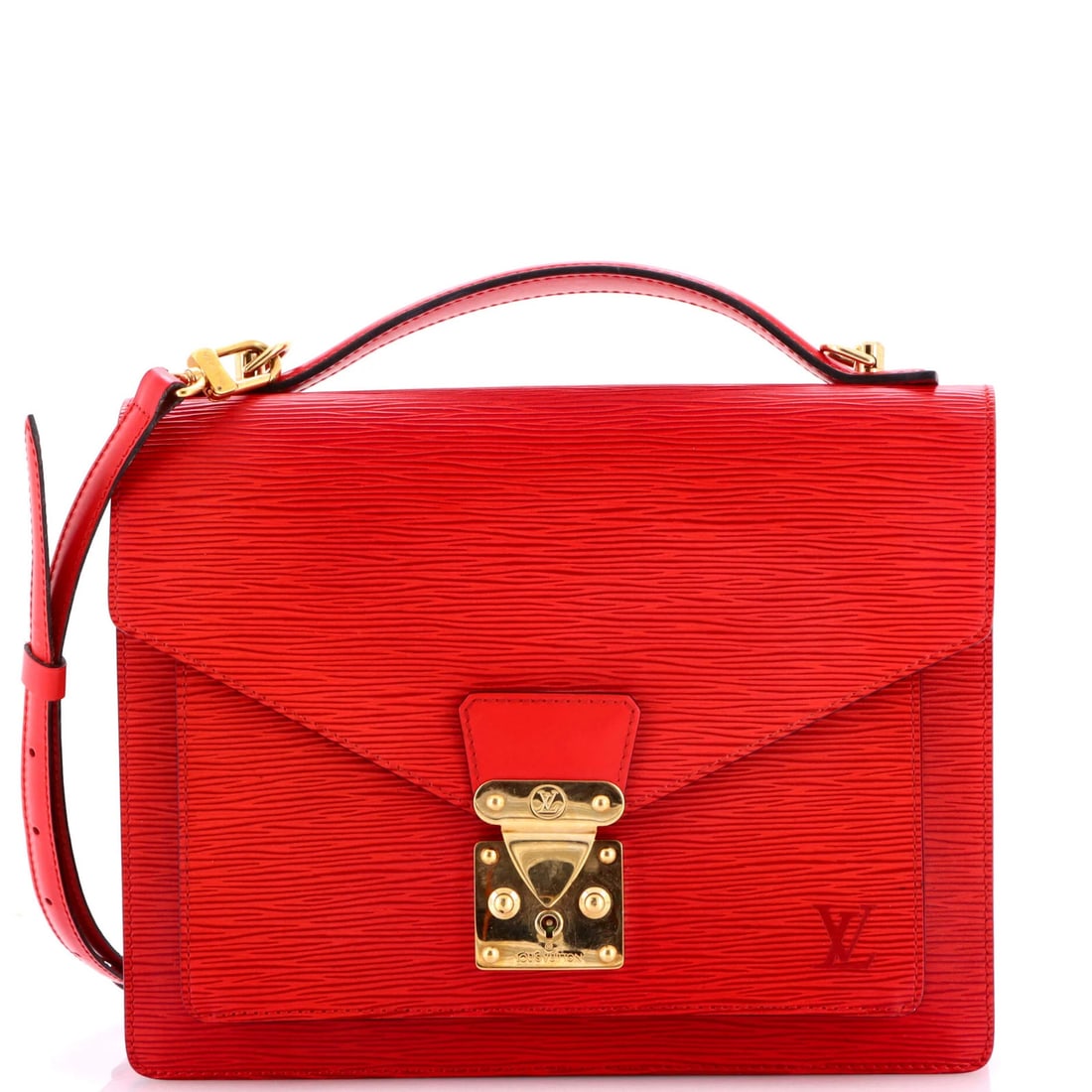 Louis Vuitton Monceau Handbag Epi Leather BB: Louis Vuitton Monceau Handbag Epi Leather BB The Louis Vuitton Monceau Handbag Epi Leather BB boasts a striking red exterior, adorned with gold hardware and finished in high-quality Epi leather. This 