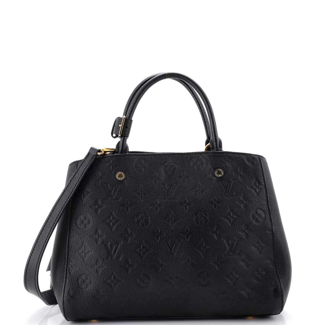 Montaigne Empreinte Leather Handbag Vuitton Louis MM: Montaigne Empreinte Leather Handbag Vuitton Louis MM Heavy edge wear and scuffs characterize this black Montaigne Empreinte Leather Louis Vuitton handbag, with minor corner damage. The interior featur
