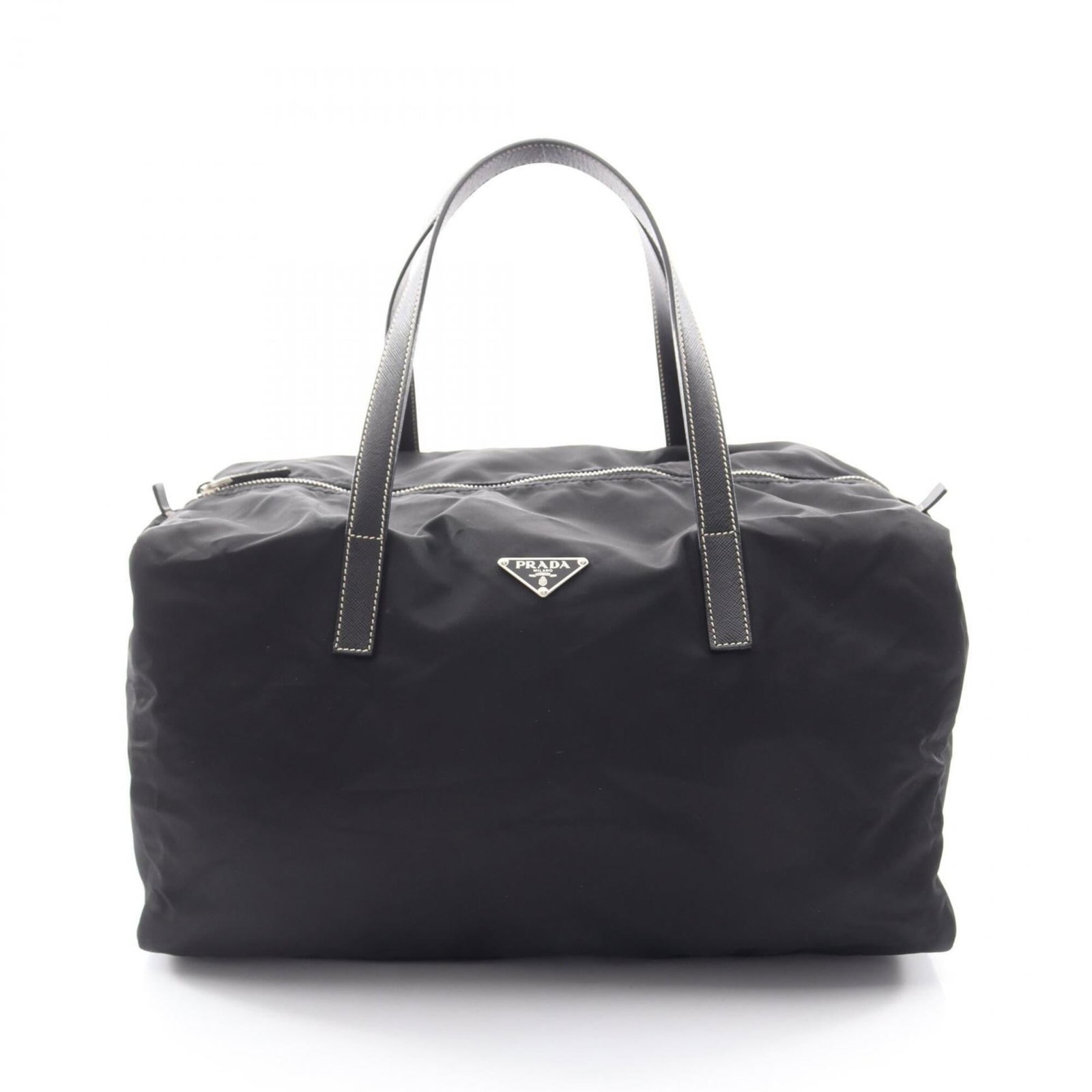 Nylon Leather Prada Handbag Tote: Nylon Leather Prada Handbag Tote Nylon and leather combine in sleek, modern design. The Prada MPN BR2393 tote bag boasts a striking black color and precise measurements. Made from durable nylon and