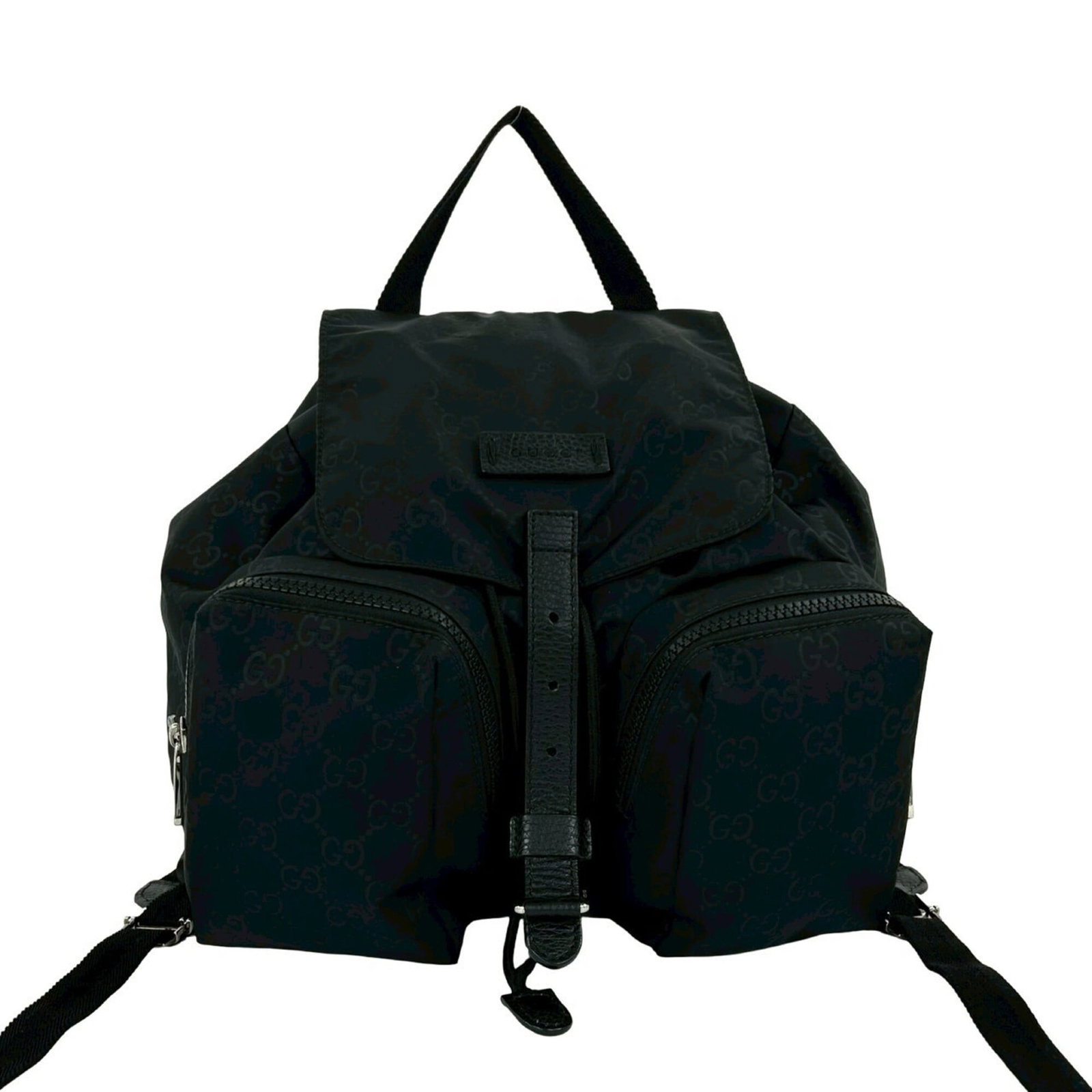 Nylon Leather Backpack by Gucci: Nylon Leather Backpack by Gucci Nylon and leather combine in sleek, modern design for the Gucci backpack. Measuring 32.5cm x 31.5cm x 14cm, it features a black color and durable construction. The sign