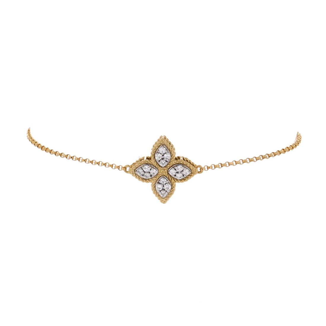 ROBERTO COIN PRINCESS FLOWER BRACELET GOLD DIAMONDS: ROBERTO COIN PRINCESS FLOWER BRACELET GOLD DIAMONDS 18K White Gold Princess Flower Bracelet with Diamonds. This exquisite bracelet features a main stone of diamond set in 18K yellow gold, with