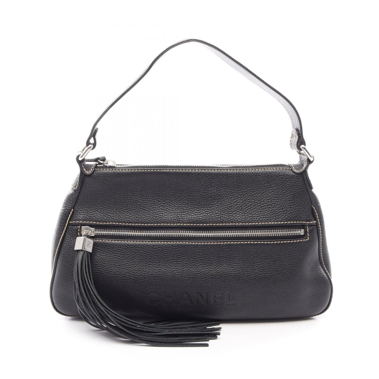 Chanel Handbag Shoulder Bag Leather: Chanel Handbag Shoulder Bag Leather Black leather Chanel shoulder bag with classic design and timeless elegance. Measuring 22cm x 39cm x 12cm, it offers a spacious interior for daily essentials. This