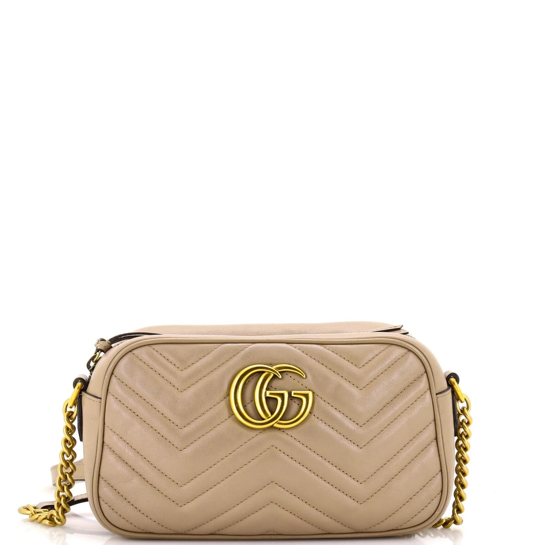 Gucci GG Marmont Shoulder Bag Matelasse Leather Small: Gucci GG Marmont Shoulder Bag Matelasse Leather Small Small Gucci GG Marmont Shoulder Bag in neutral matelasse leather features a classic cross body design with aged gold hardware. The exterior shows