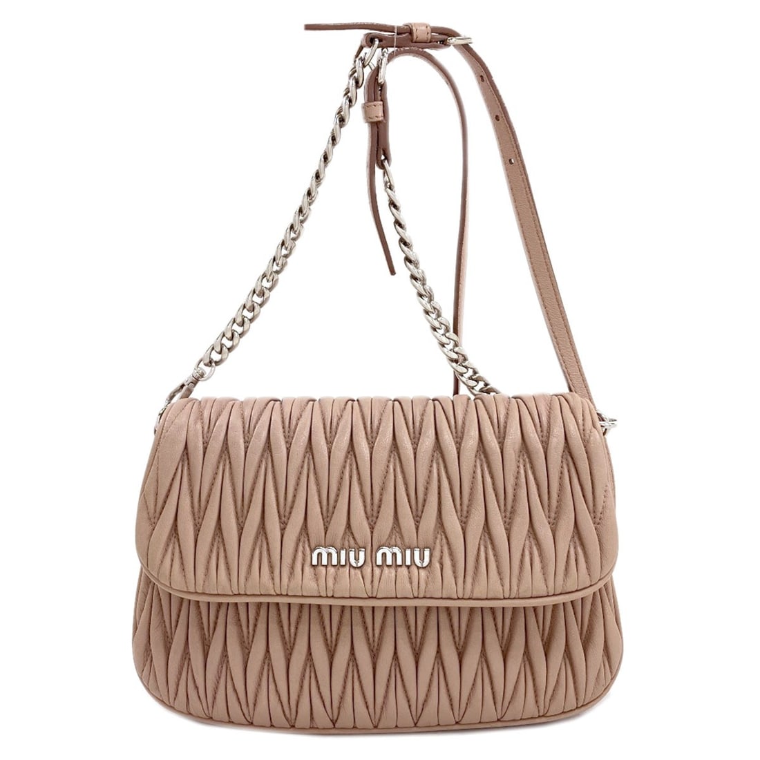 Miumiu Chainshoulder Shoulder Bag Leather: Miumiu Chainshoulder Shoulder Bag Leather Pink leather shoulder bag with chain strap, bearing a signature. Made from high-quality leather, this stylish accessory features a classic design. The pink