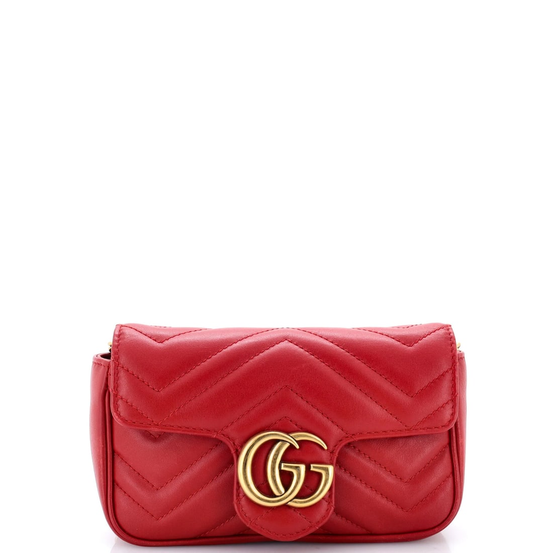 Matelasse Leather Super Mini Gucci GG Marmont Flap Bag: Matelasse Leather Super Mini Gucci GG Marmont Flap Bag Super Mini GG Marmont Flap Bag in Matelasse Leather. This stylish cross body bag features a bold red exterior with minor scuffs and creases, and 