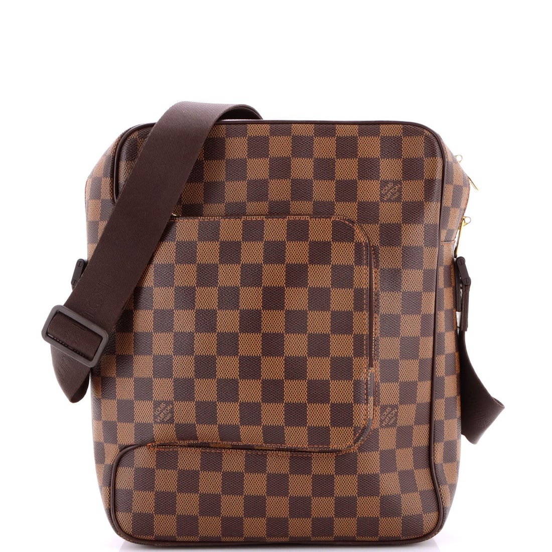 Vuitton Louis Damier Handbag Olav: Vuitton Louis Damier Handbag Olav The Louis Vuitton Olav Damier MM Handbag in brown canvas coated exterior features a classic messenger design with a timeless damier pattern. Measuring 12" in height, 