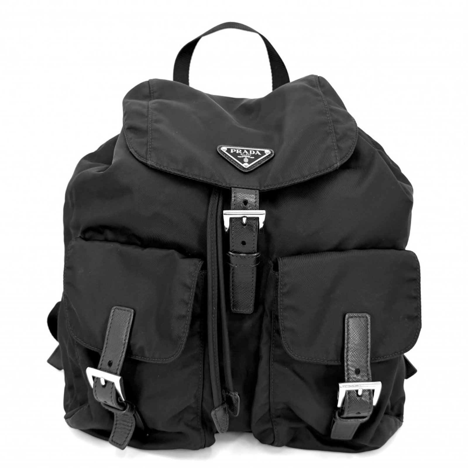 Backpack nylon by Prada: Backpack nylon by Prada Prada's iconic backpack is crafted from high-quality nylon, offering a sleek and durable design. Measuring 31cm x 29cm x 15cm, it features adjustable straps that extend to 90cm