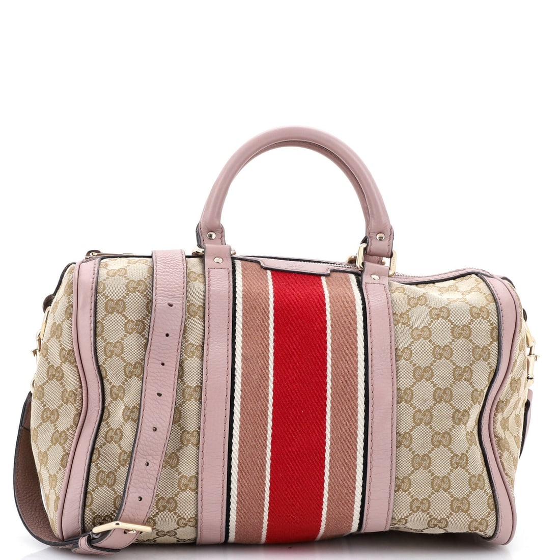 Gucci Vintage Web Boston Bag GG Canvas Medium: Gucci Vintage Web Boston Bag GG Canvas Medium Pink Gucci Vintage Web Boston Bag GG Canvas Medium, featuring a classic design with canvas and leather exterior. The bag boasts a neutral interior color a