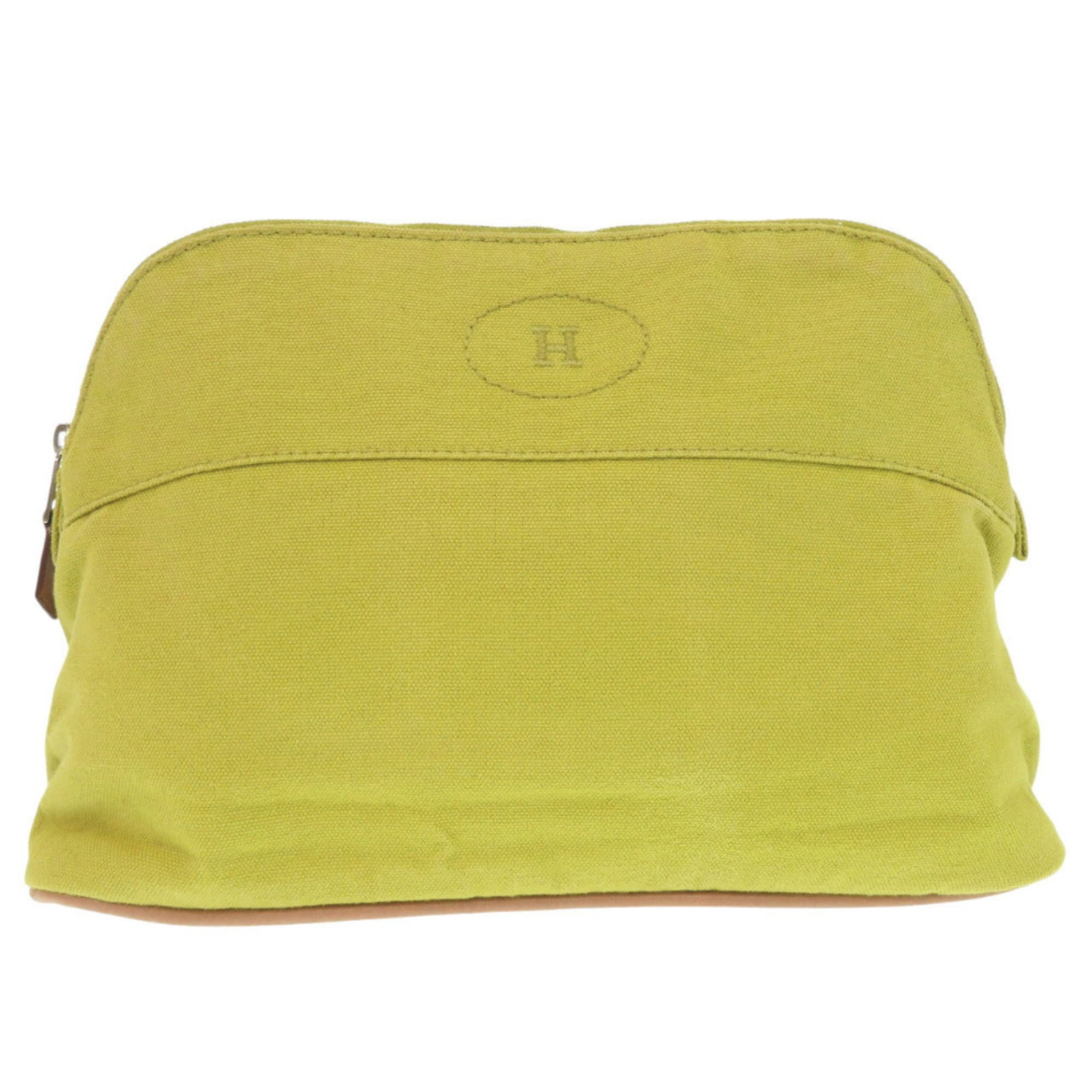 Cotton canvas leather pouch by Hermes: Cotton canvas leather pouch by Hermes Cotton canvas and leather pouch by Hermes, featuring a light green and yellow color combination. Made from high-quality materials, this pouch boasts a unique