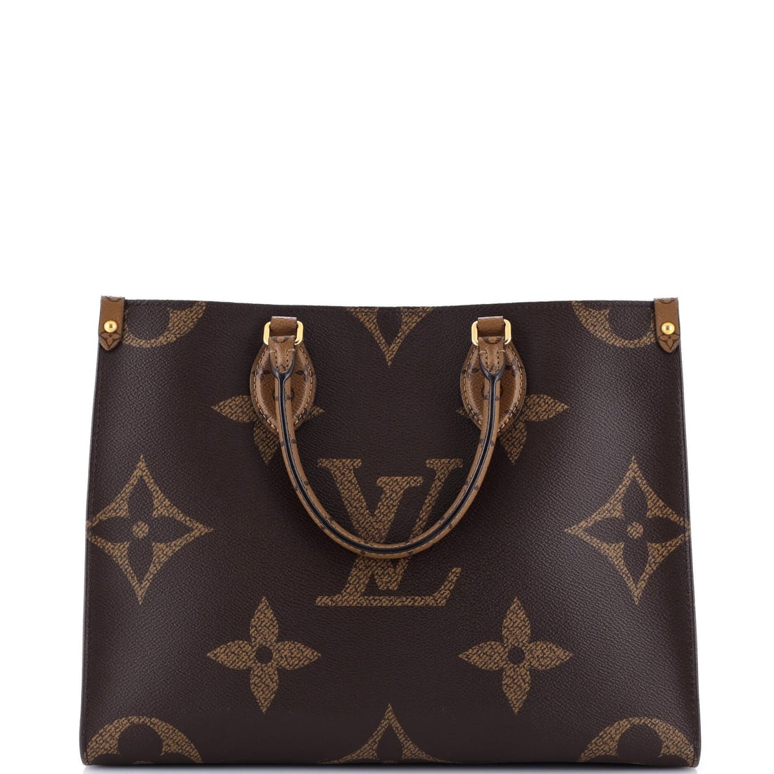 Louis Vuitton OnTheGo Tote Reverse Monogram Giant MM: Louis Vuitton OnTheGo Tote Reverse Monogram Giant MM Brown Louis Vuitton OnTheGo Tote Reverse Monogram Giant MM in Very Good Condition, featuring scuffs, edge wear, discoloration, and minor stains.