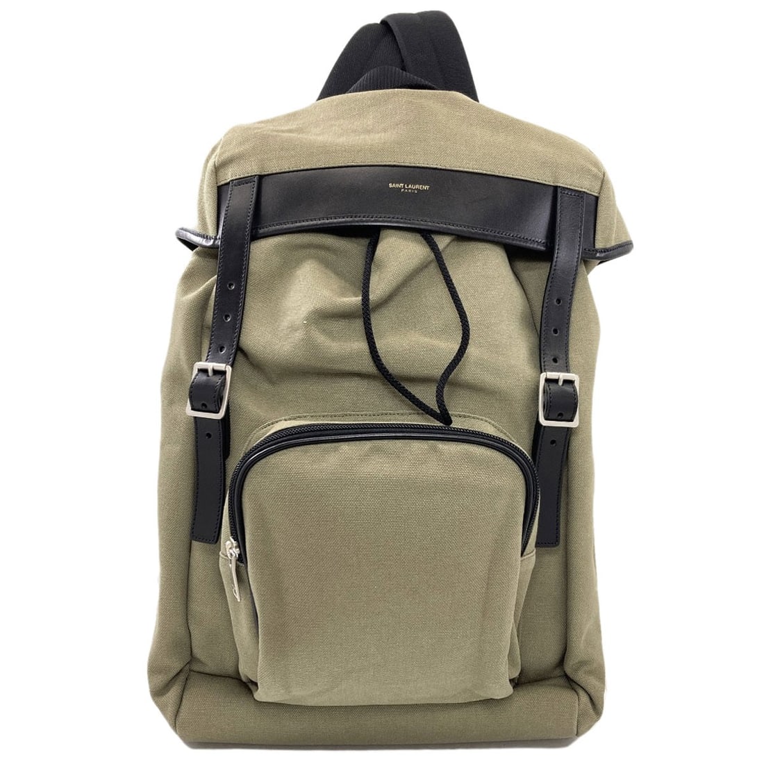 Laurent Saint Logo Daypack Canvas Backpack: Laurent Saint Logo Daypack Canvas Backpack Canvas backpack with green exterior, featuring the SAINT LAURENT logo. Made from high-quality canvas material, this daypack has a classic A* style design. Th