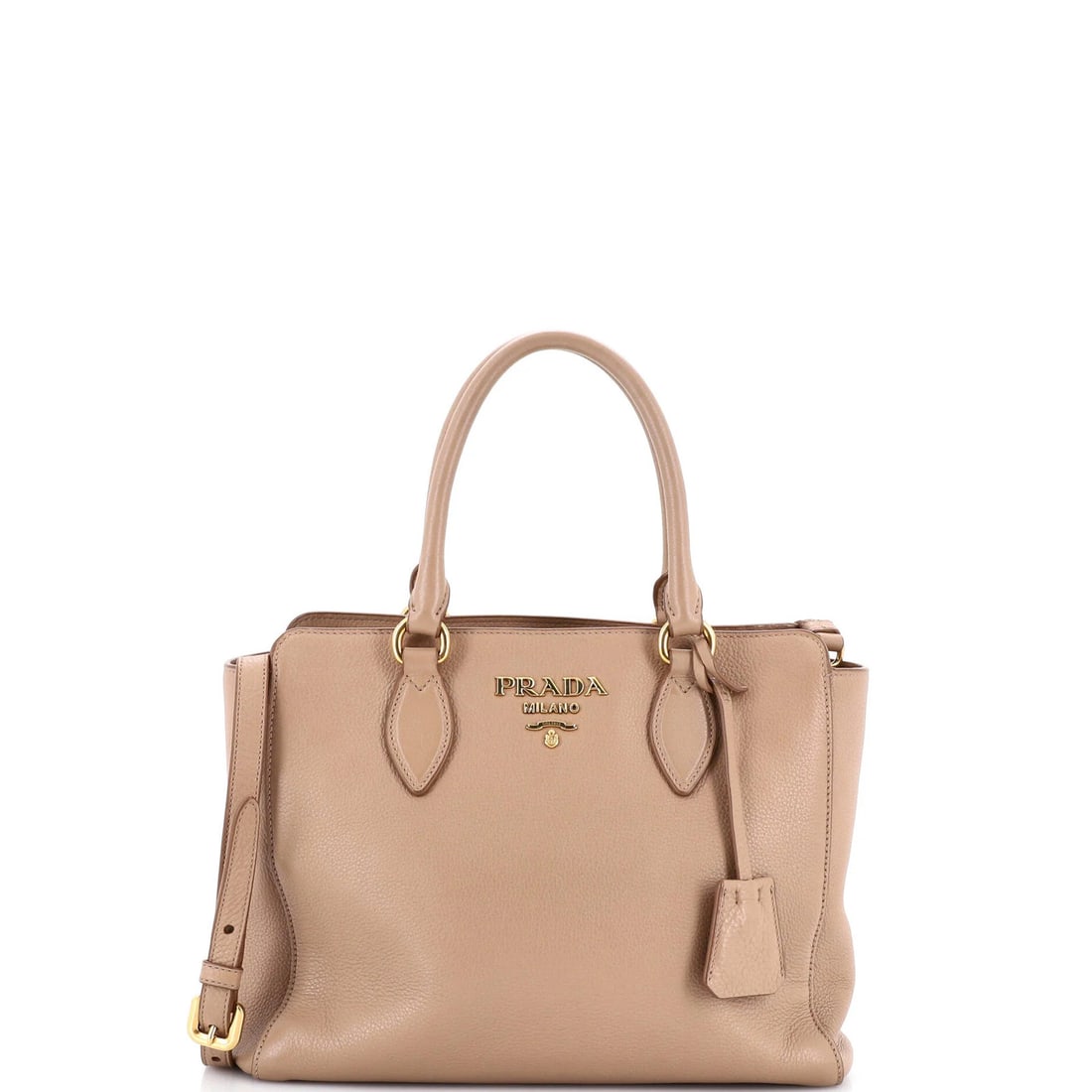 Prada Convertible Open Tote Saffiano Leather Small: Prada Convertible Open Tote Saffiano Leather Small Small Prada Convertible Open Tote Saffiano Leather Bag with Clochette and Strap, featuring neutral exterior color and gold hardware. This versatile t