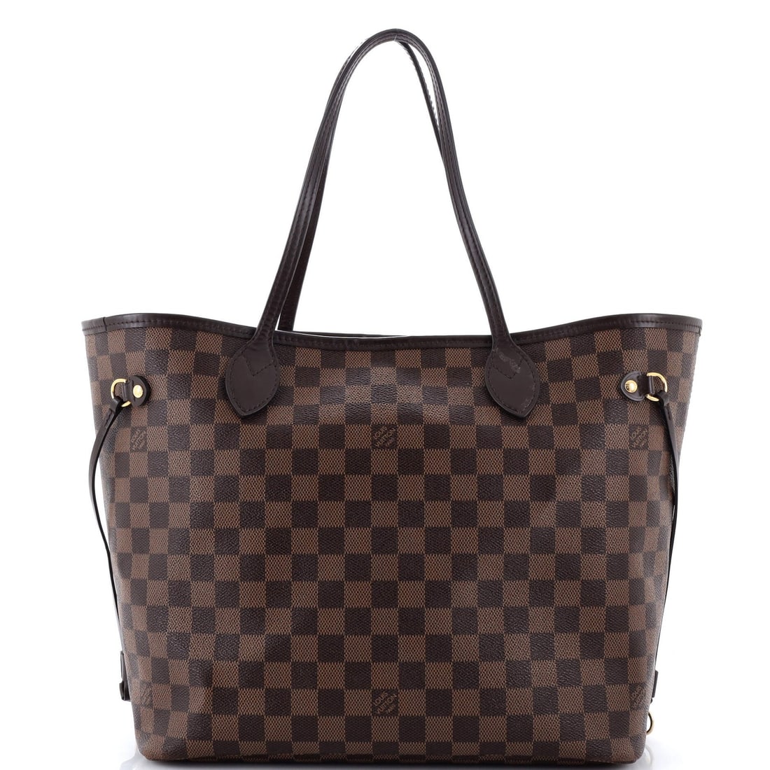 Louis Vuitton Neverfull Tote Damier MM: Louis Vuitton Neverfull Tote Damier MM Brown Louis Vuitton Neverfull Tote Damier MM in excellent condition, featuring creases on the exterior and minor cracking on the handles. The interior boasts a v