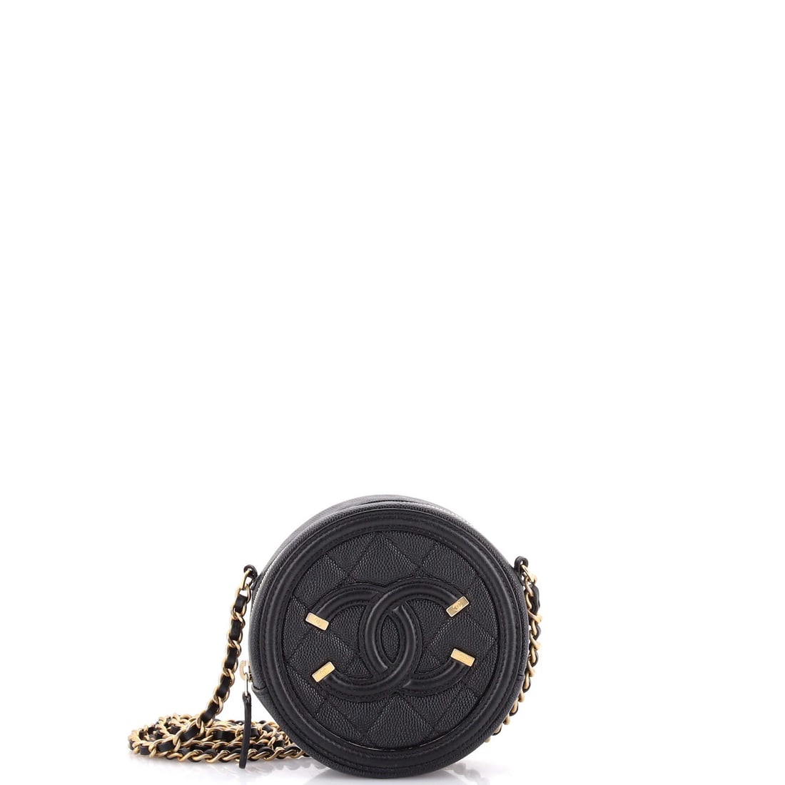 Chanel chain quilted mini caviar clutch with filigree round: Chanel chain quilted mini caviar clutch with filigree round Black leather chain quilted caviar mini clutch with filigree round, featuring an aged gold hardware and interior. Measures 5" height, 4.5" w