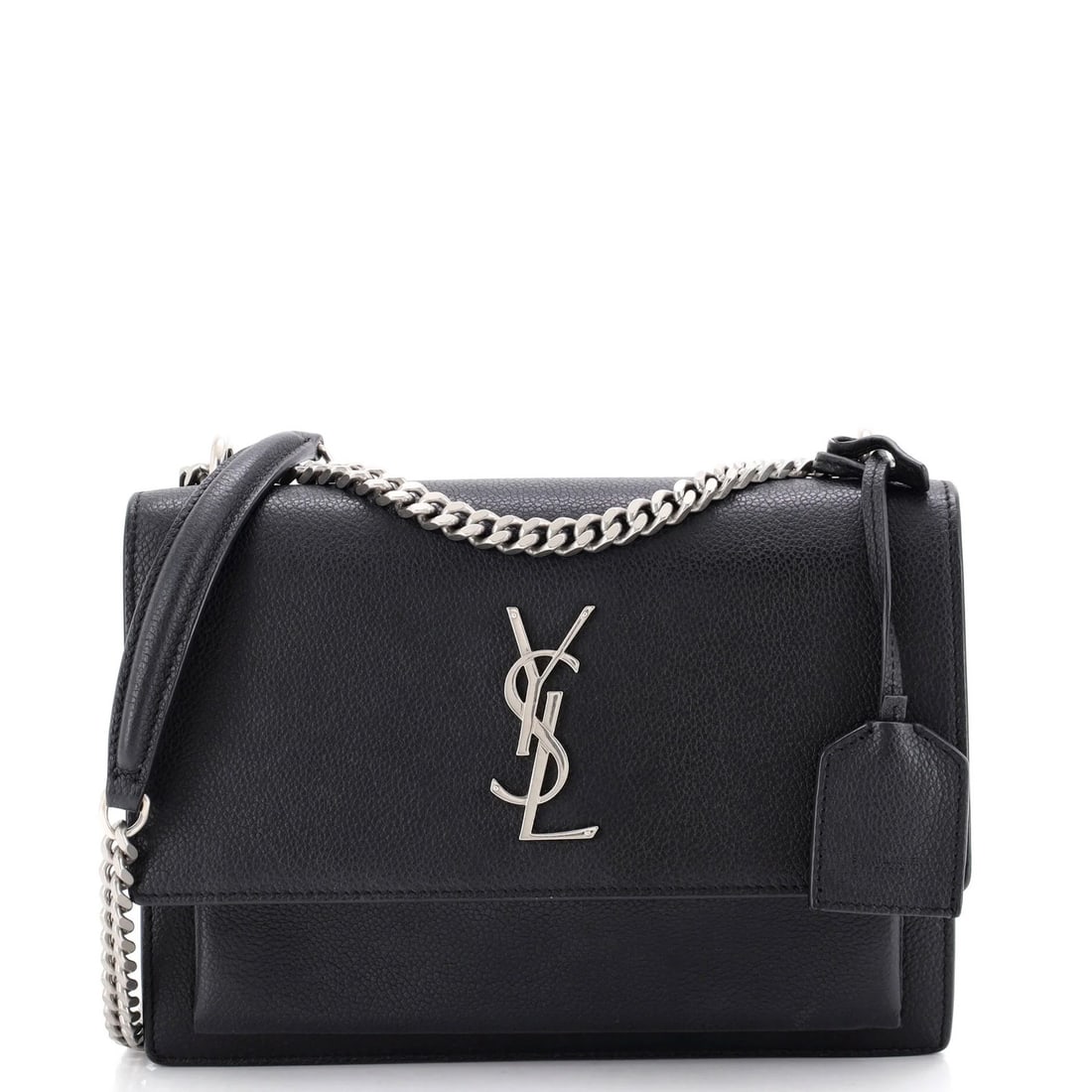 Laurent Saint Medium Leather Crossbody Sunset Bag: Laurent Saint Medium Leather Crossbody Sunset Bag Black leather crossbody bag with gold hardware, featuring a medium size and suede interior. The Sunset Crossbody Bag boasts a classic design with