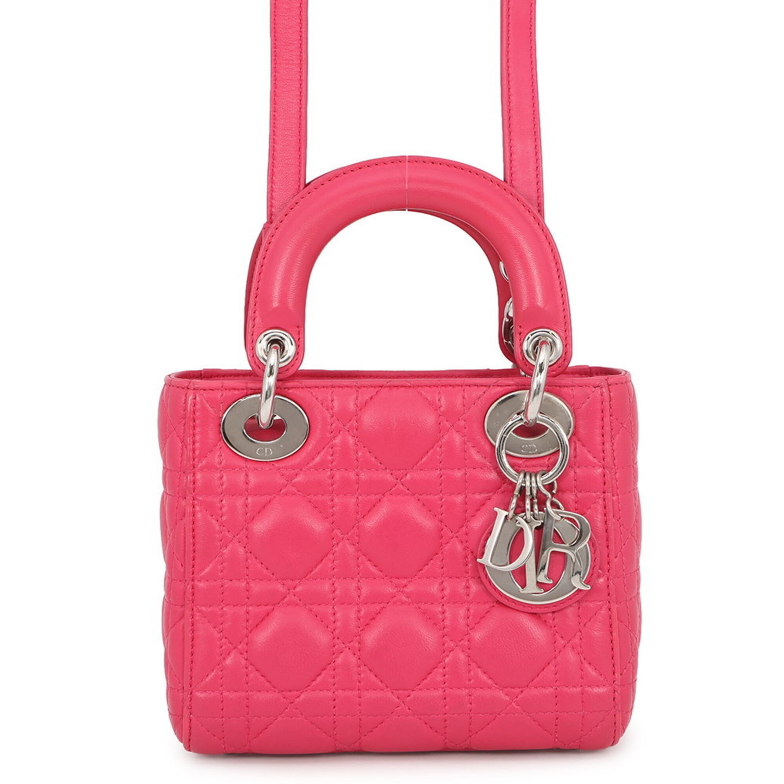 Handbag Christian Dior Leather: Handbag Christian Dior Leather Pink leather handbag from Christian Dior, made in Italy with dimensions 14.5cm x 17cm x 7.5cm. This small, stylish bag features a classic design and premium materials.