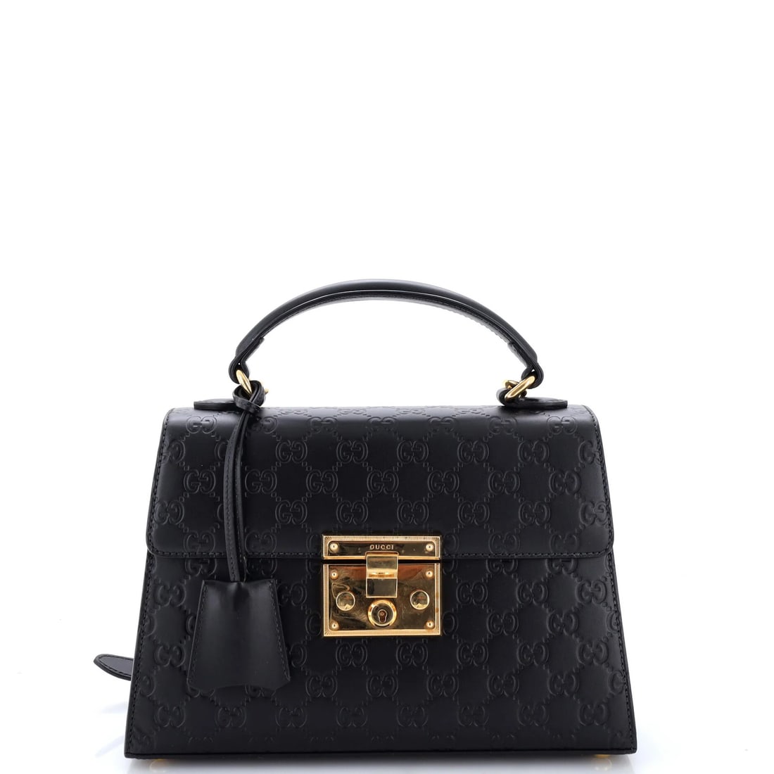 Gucci Padlock Top Handle Bag Guccissima Leather Small: Gucci Padlock Top Handle Bag Guccissima Leather Small Small Gucci Padlock Top Handle Bag in Black Leather, featuring a gold clochette with strap and keys. The bag boasts a classic design with a