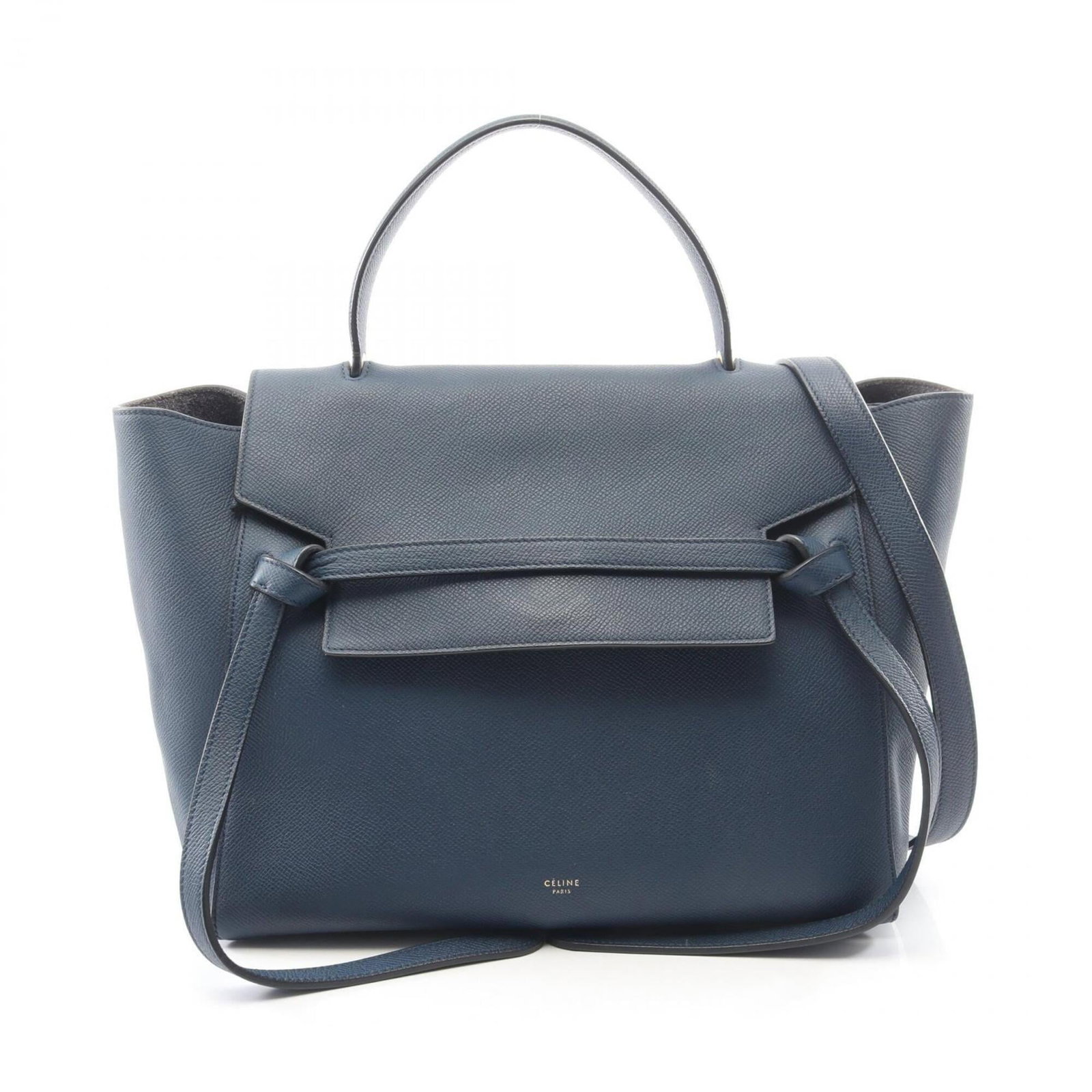 Handbag Celine Leather: Handbag Celine Leather Navy Celine leather handbag with outer belt pocket, measuring 25cm x 28cm x 16.5cm. This structured bag features a classic design and premium leather construction. Made from
