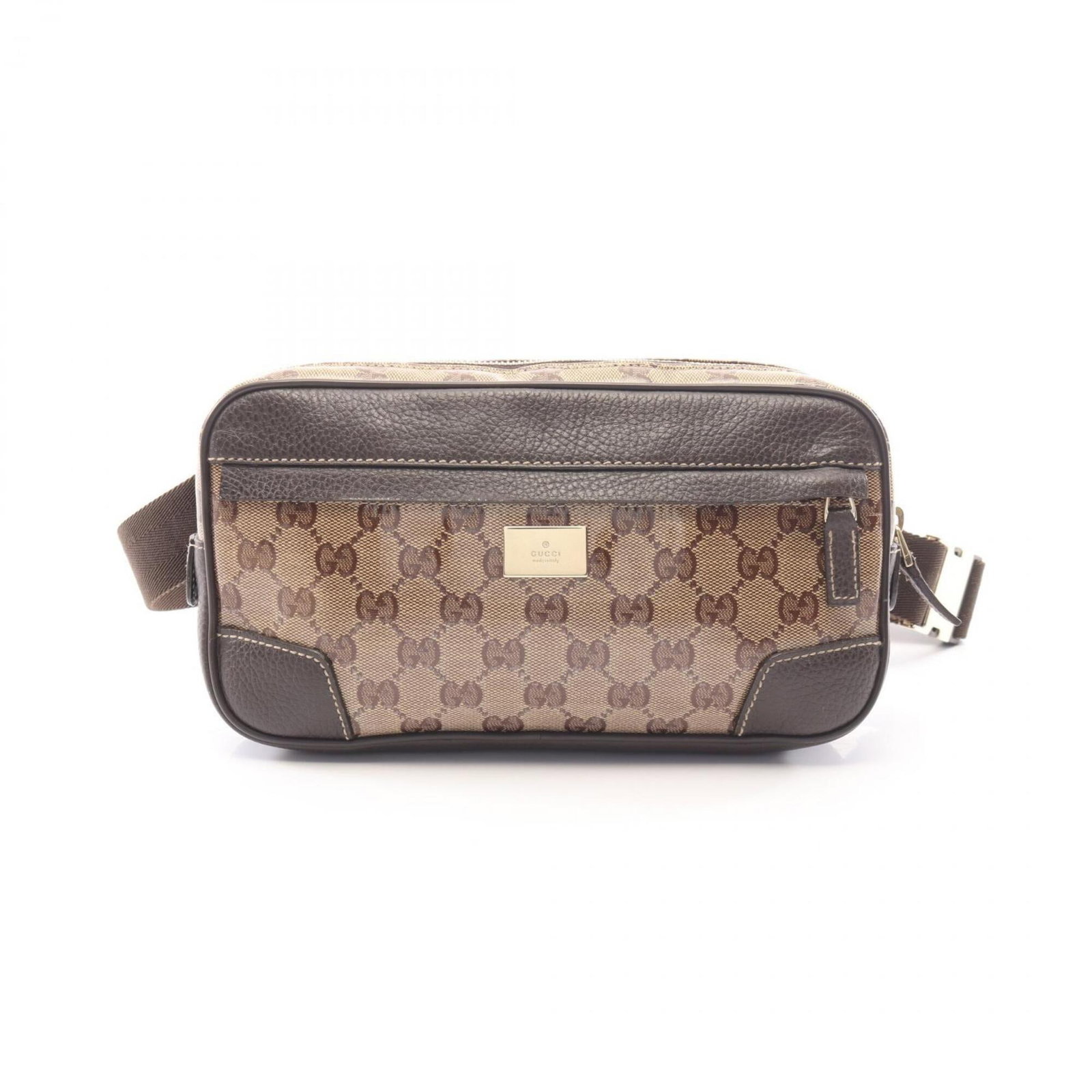PVC coated canvas leather fanny pack by Gucci: PVC coated canvas leather fanny pack by Gucci PVC coated canvas leather fanny pack by Gucci, featuring a unique blend of materials and colors. This stylish accessory boasts a beige and brown color com