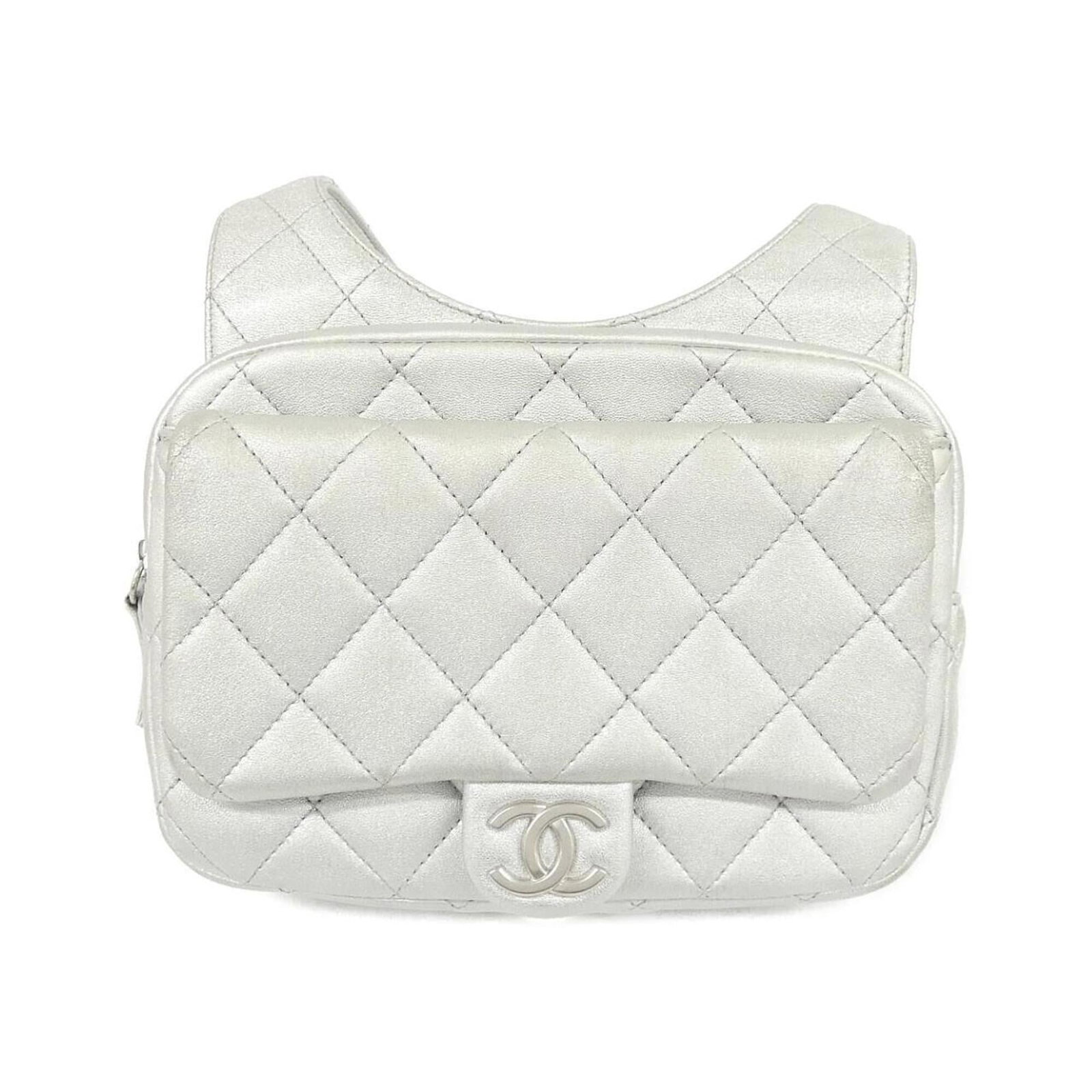 Backpack by Chanel: Backpack by Chanel Silver Chanel backpack with matte silver hardware, measuring 15.5cm x 20cm x 4.5cm in size. This sleek and sophisticated bag features a classic design that exudes timeless
