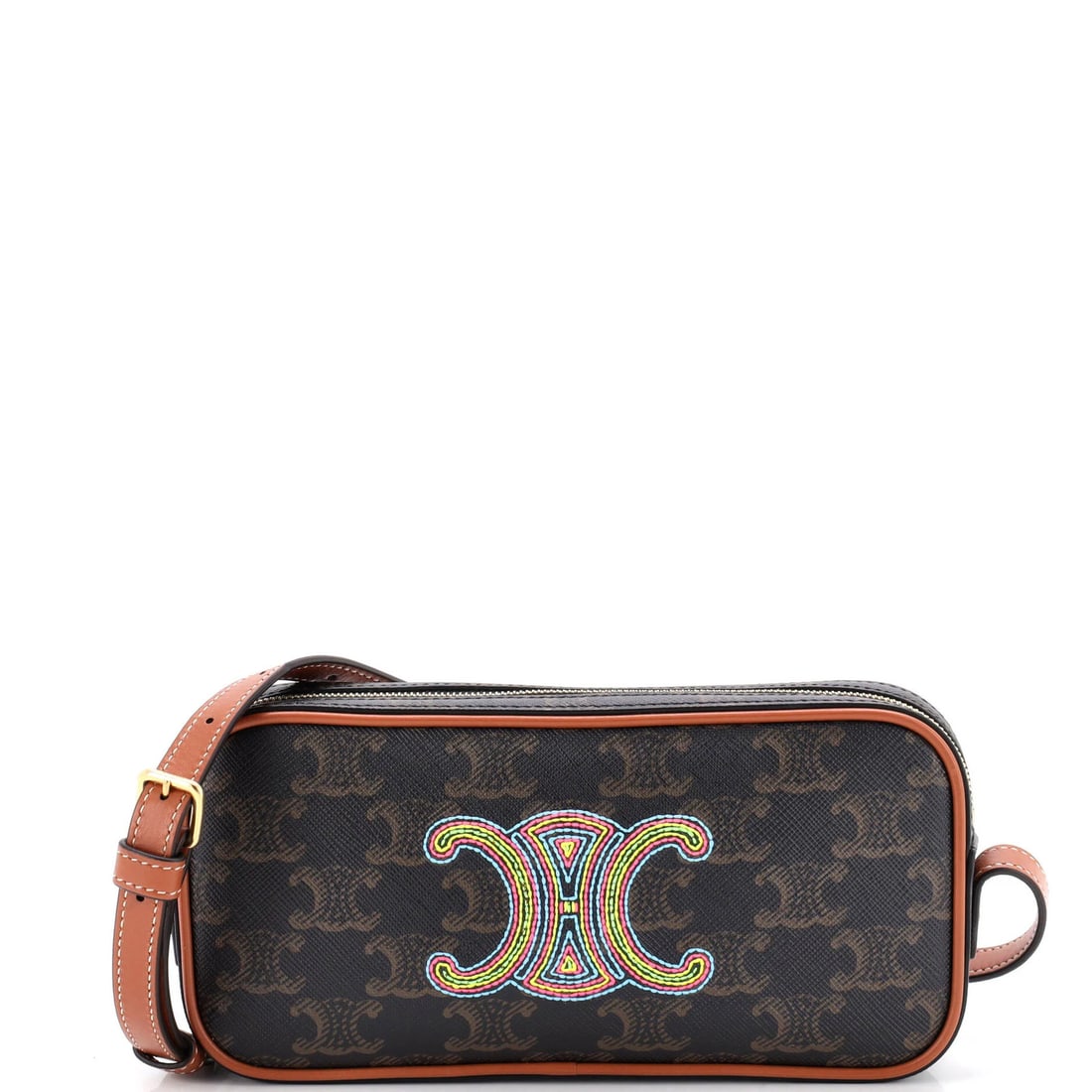 Cuir Celine Triomphe Canvas Embroidered Camera Coated Shoulder Bag: Cuir Celine Triomphe Canvas Embroidered Camera Coated Shoulder Bag The Celine Triomphe Canvas Embroidered Camera Coated Shoulder Bag boasts a rich, brown canvas exterior with subtle scuffs and edge