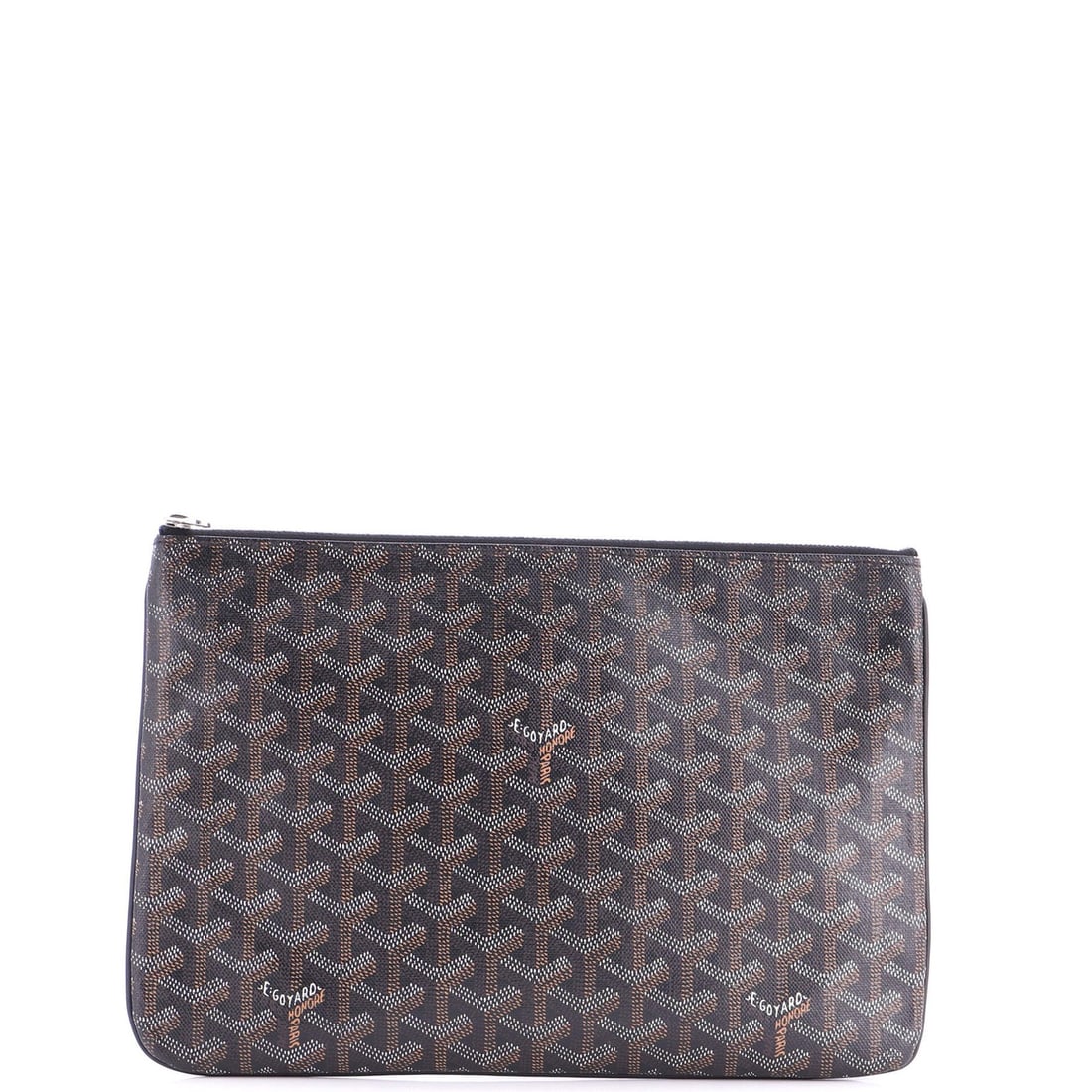 Senat Zip Pouch Goyard MM Coated Canvas: Senat Zip Pouch Goyard MM Coated Canvas Black Goyard Senat Zip Pouch Coated Canvas MM measures 8" in height, 11" in width, and 0.5" in depth, with a silver-toned zipper and orange fabric interior.