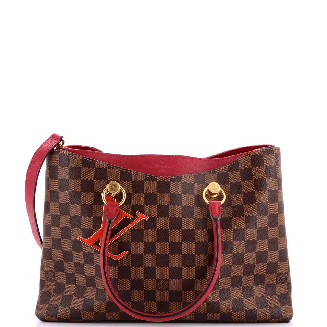 Damier Handbag Leather Louis Vuitton Riverside LV: Damier Handbag Leather Louis Vuitton Riverside LV Damier Handbag Leather Louis Vuitton Riverside LV - A stylish and classic tote bag featuring the iconic Damier pattern in burgundy, paired with a