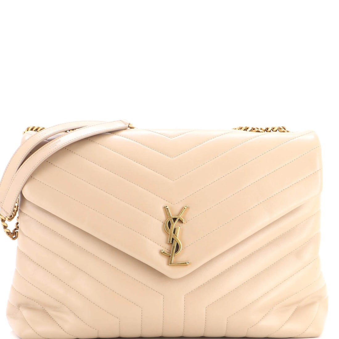 Matelasse Leather Large Saint Chevron Bag Loulou Shoulder: Matelasse Leather Large Saint Chevron Bag Loulou Shoulder Neutral-colored Matelasse Leather Loulou Shoulder Bag features a large size with a distinctive chevron design. The exterior shows minor