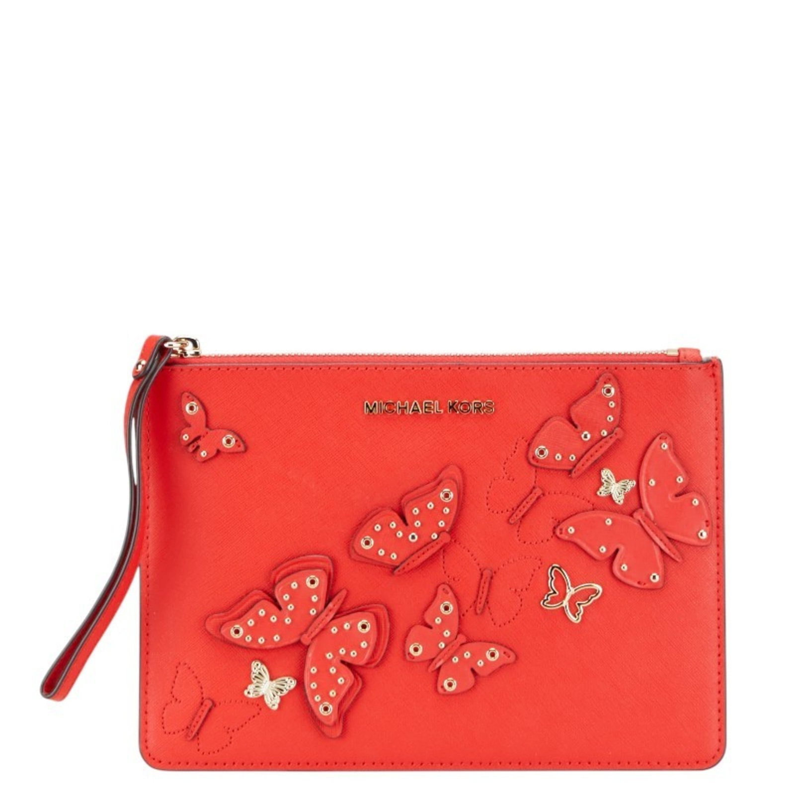 Michael Kors Leather Bag Clutch: Michael Kors Leather Bag Clutch This Michael Kors leather clutch bag features a bold red color and sleek design. Made from high-quality leather, it measures 17cm x 24cm x 1cm and has a compact size