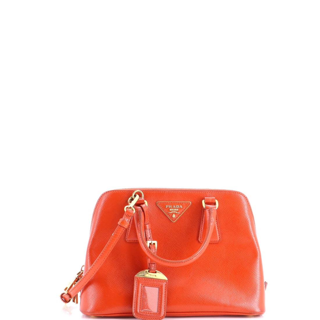 Saffiano leather small bag prada promenade: Saffiano leather small bag prada promenade Saffiano leather, patent orange exterior, and gold hardware define the Prada Promenade Small Bag. Measuring 7" tall with a 3" handle drop, this small