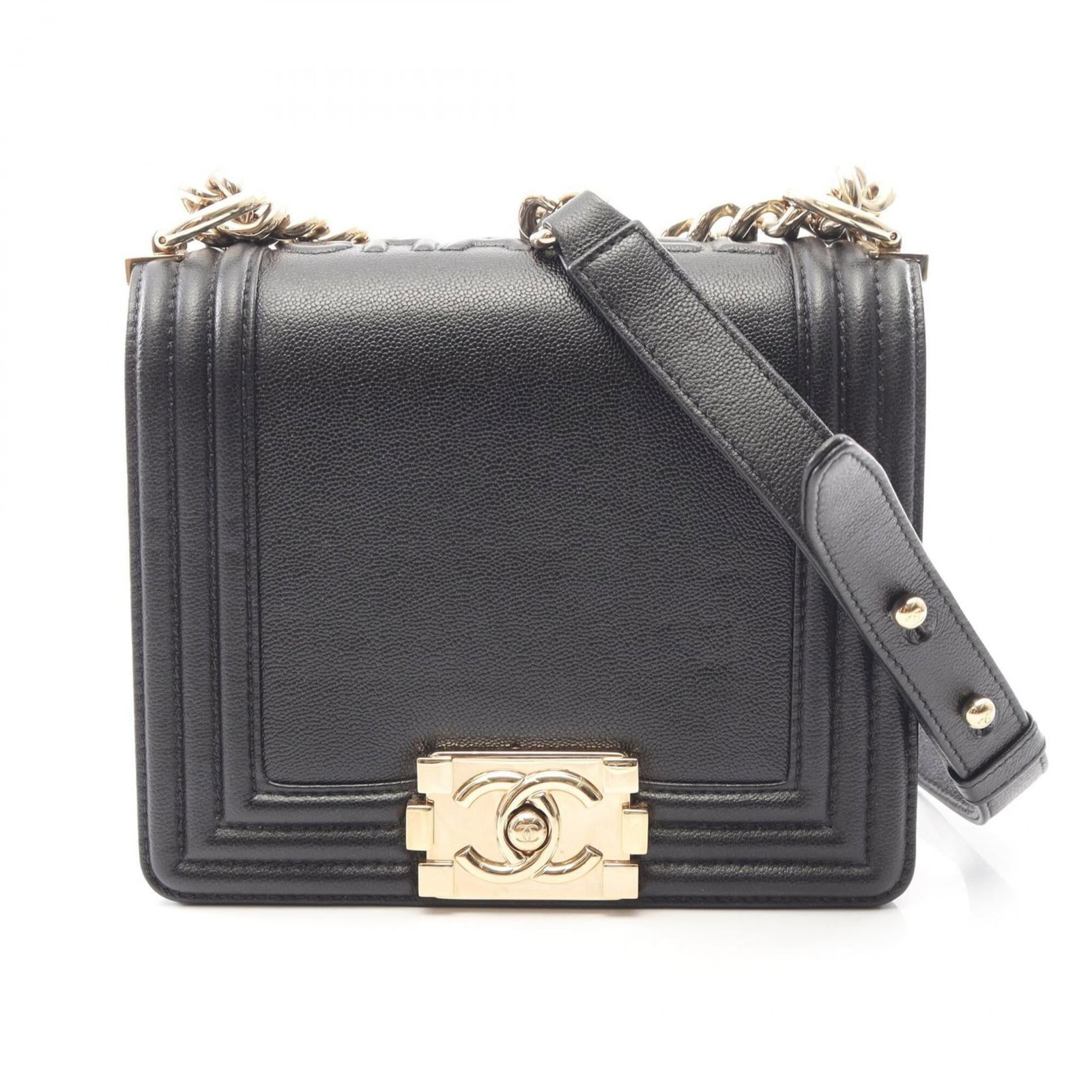 Calfskin handbag bag shoulder Chanel: Calfskin handbag bag shoulder Chanel Grained Calfskin shoulder bag from Chanel, featuring black leather and gold hardware. This classic design measures 14cm x 18cm x 6.5cm and is made from
