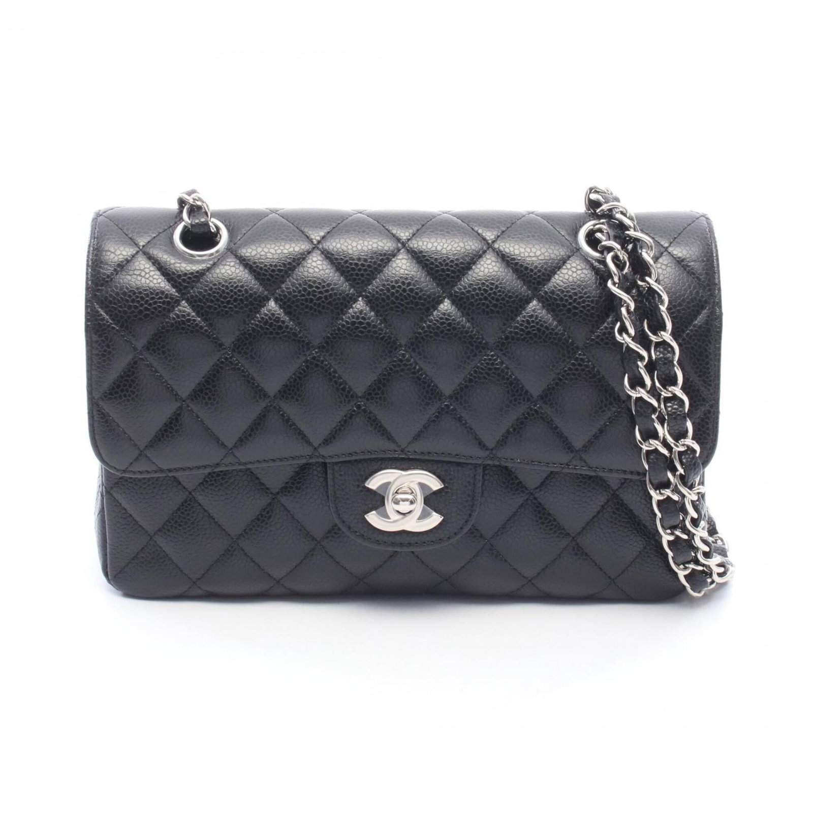 Calfskin handbag bag shoulder Chanel: Calfskin handbag bag shoulder Chanel Calfskin handbag with shoulder strap, made from grained calfskin and featuring silver hardware in a sleek black finish. The bag measures 14cm x 23cm x 6cm and has