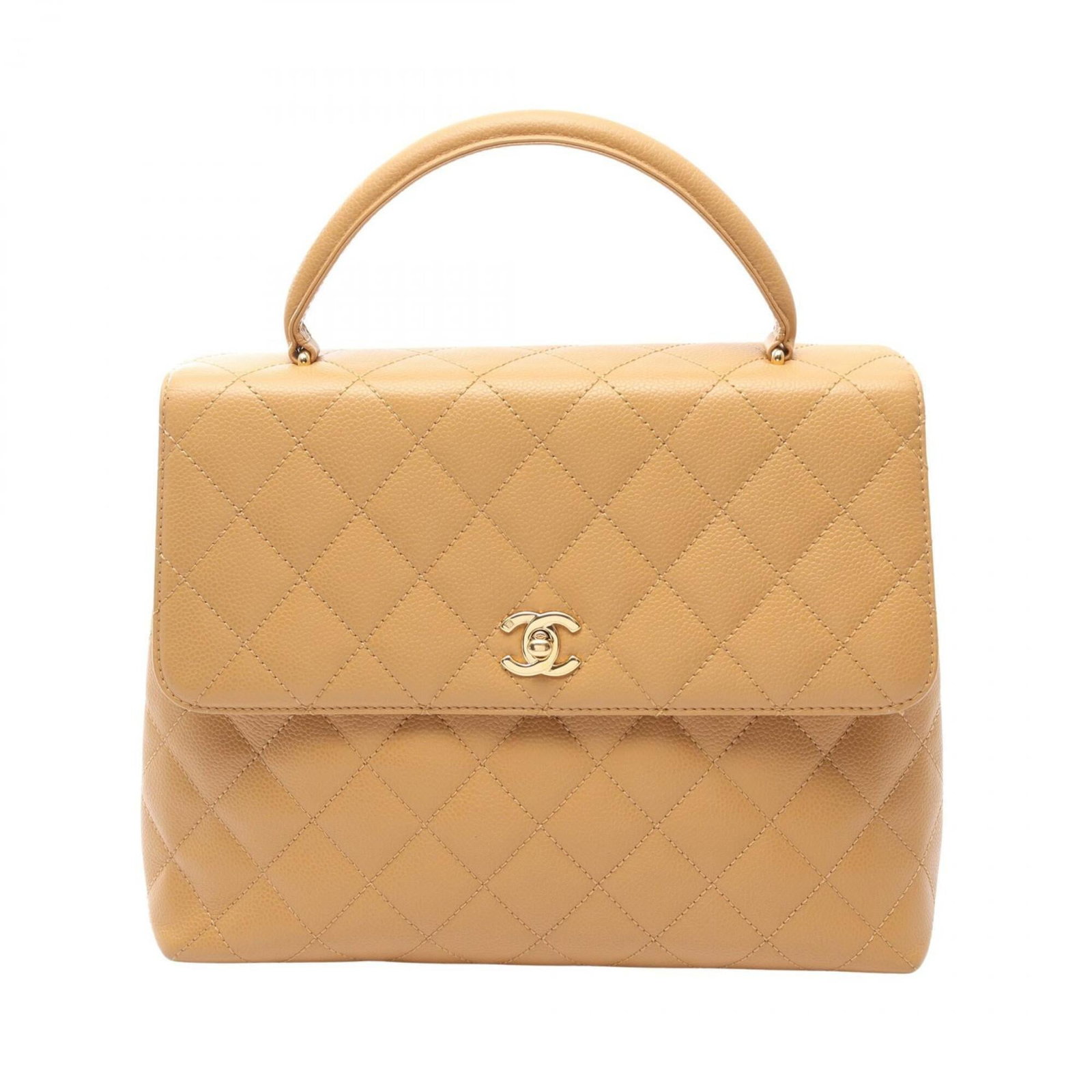 Calfskin Handbag by Chanel: Calfskin Handbag by Chanel Grained Calfskin Beige Handbag by Chanel, measuring 23cm x 29cm x 11cm, features gold hardware and a classic design. Made from high-quality material, this handbag exudes