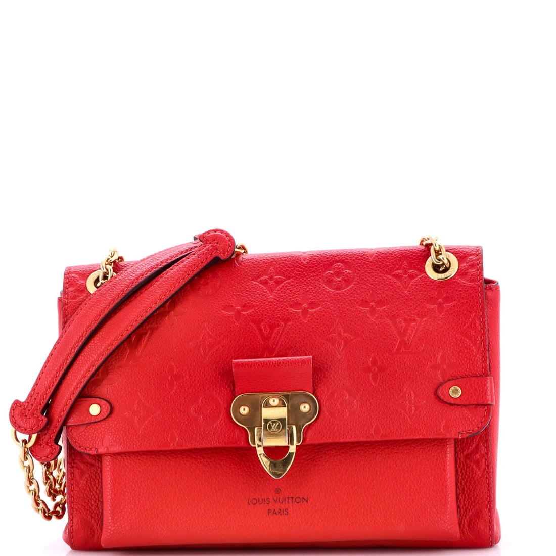 Louis Vuitton Vavin Handbag Monogram Leather Empreinte PM: Louis Vuitton Vavin Handbag Monogram Leather Empreinte PM The Louis Vuitton Vavin Handbag Monogram Leather Empreinte PM boasts a striking red exterior with the iconic monogram pattern, adding a pop