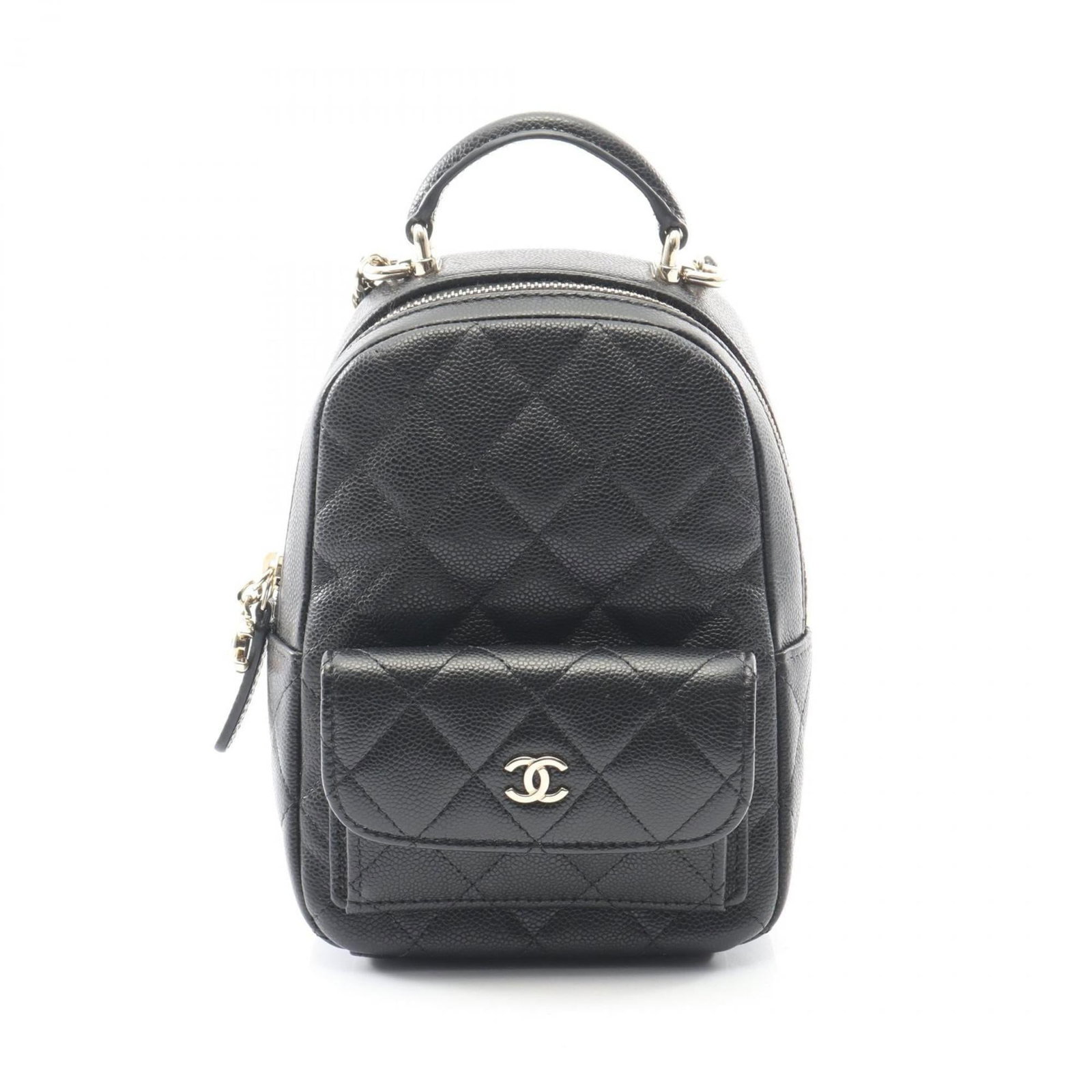 Calfskin Grained Backpack Chanel: Calfskin Grained Backpack Chanel Calfskin Grained Backpack in Black. This Chanel backpack features grained calfskin material and measures 18cm x 12.5cm x 7cm. The sleek design makes it a stylish acces