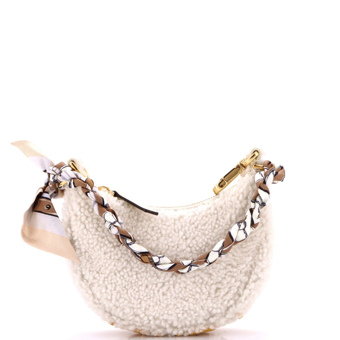 Fendigraphy Shearling Fendi Nano Bag: Fendigraphy Shearling Fendi Nano Bag Shearling Nano Bag from Fendi features a luxurious white shearling exterior with gold hardware, showcasing the brand's signature style. Measuring just 4" in