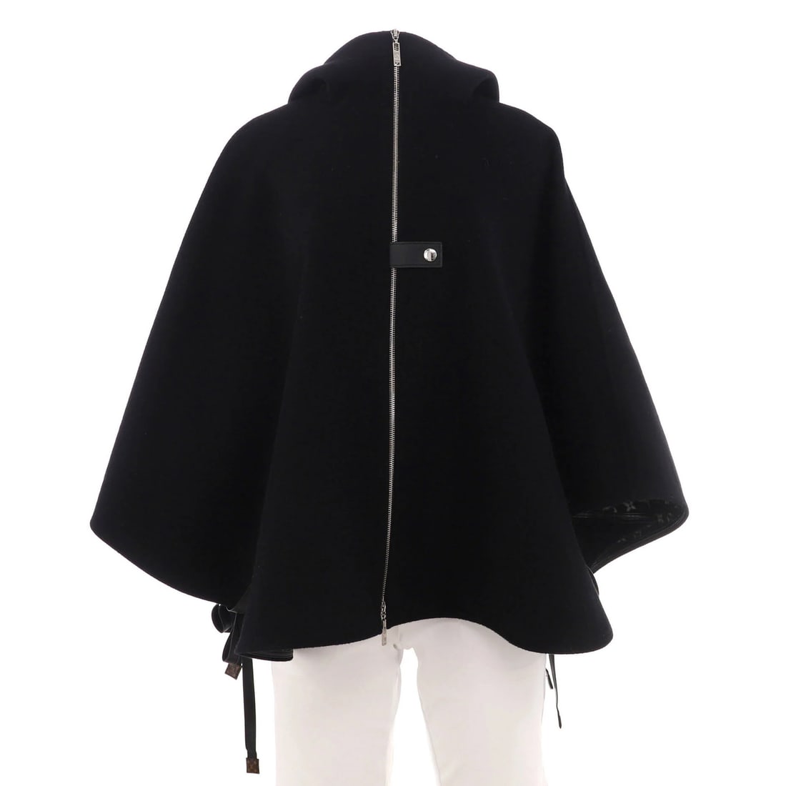 Louis Vuitton women's hooded cape wool blend monogram interior: Louis Vuitton women's hooded cape wool blend monogram interior Black wool blend monogram interior, black leather and silk exterior, and silver hardware define the sleek silhouette of this Louis Vuitto