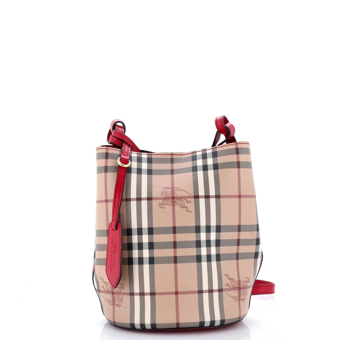 Burberry Coated Canvas Small Lorne Haymarket Bucket Bag: Burberry Coated Canvas Small Lorne Haymarket Bucket Bag The Burberry Coated Canvas Small Lorne Haymarket Bucket Bag boasts a striking red exterior, crafted from heavy canvas with subtle wear and